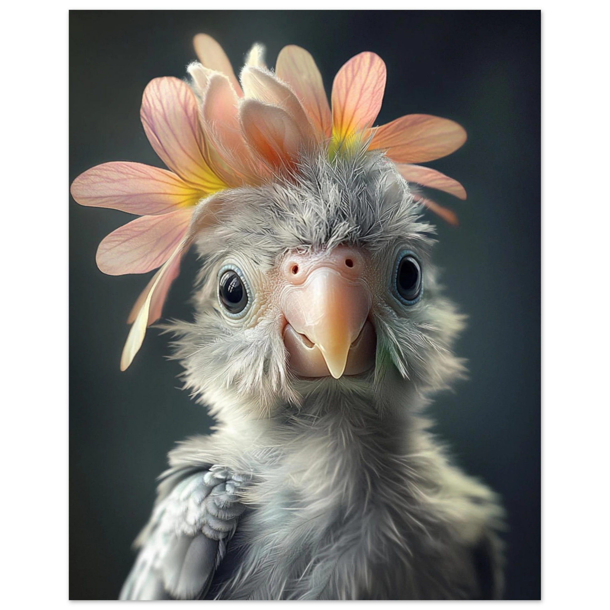 Adorable baby parrot with a flower crown – printed on premium semi-glossy paper in multiple sizes. A colorful jungle wall art piece for nursery, kids room or tropical-themed decor. FSC-certified quality, ideal as a gift for bird lovers, expecting parents or baby showers. This physical poster adds a cheerful and exotic touch to any space. Be proud. Be kind. Be wild – by Dezinbazar.
