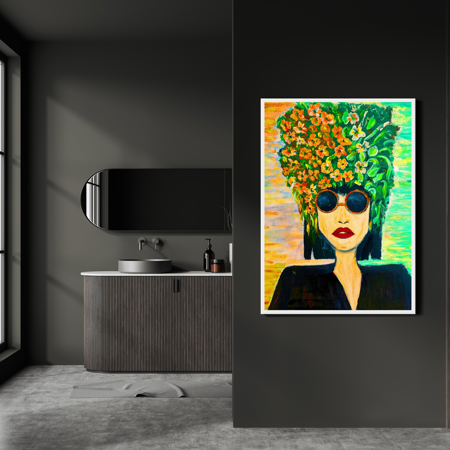 pop-art-poster-holzrahmen-frau-blumenkrone-Modern-weiss