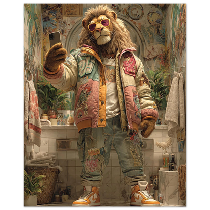 Funny lion poster in colorful streetwear style, printed on premium 200 gsm semi-glossy FSC-certified paper. Vibrant yet soft tones bring a modern jungle king vibe to your walls, perfect for bathroom, living room, or nursery decor. Available in multiple poster sizes from A4 to A0, plus 30×40 cm, 40×50 cm, and 50×70 cm – designed to fit IKEA frames such as RIBBA, LOMVIKEN, and HOVSTA. A sustainable wall art choice, made to order. Be proud. Be kind. Be wild – by Dezinbazar.