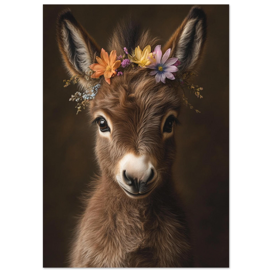 Adorable baby donkey poster with flower crown – printed on 200 gsm semi-glossy FSC-certified paper in sizes from A4 to A0 and 30×40 cm to 50×70 cm. This farm-themed nursery print brings calm and rustic charm to any baby or kids room. Fits standard IKEA frames like RIBBA and HOVSTA. Be proud. Be kind. Be wild – by Dezinbazar.