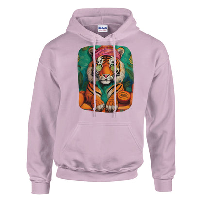 Wellness tiger hoodie with bold tiger design symbolizing strength and calmness. Unisex streetwear sweatshirt made from soft cotton-poly blend for comfort and durability. Perfect for casual outfits, sporty looks, or cozy days at home. Available in sizes S–3XL with double-lined hood, kangaroo pocket, and ribbed cuffs. A stylish and versatile hoodie for tiger lovers, fashion fans, and anyone seeking wellness vibes. Be proud. Be kind. Be wild – by Dezinbazar.