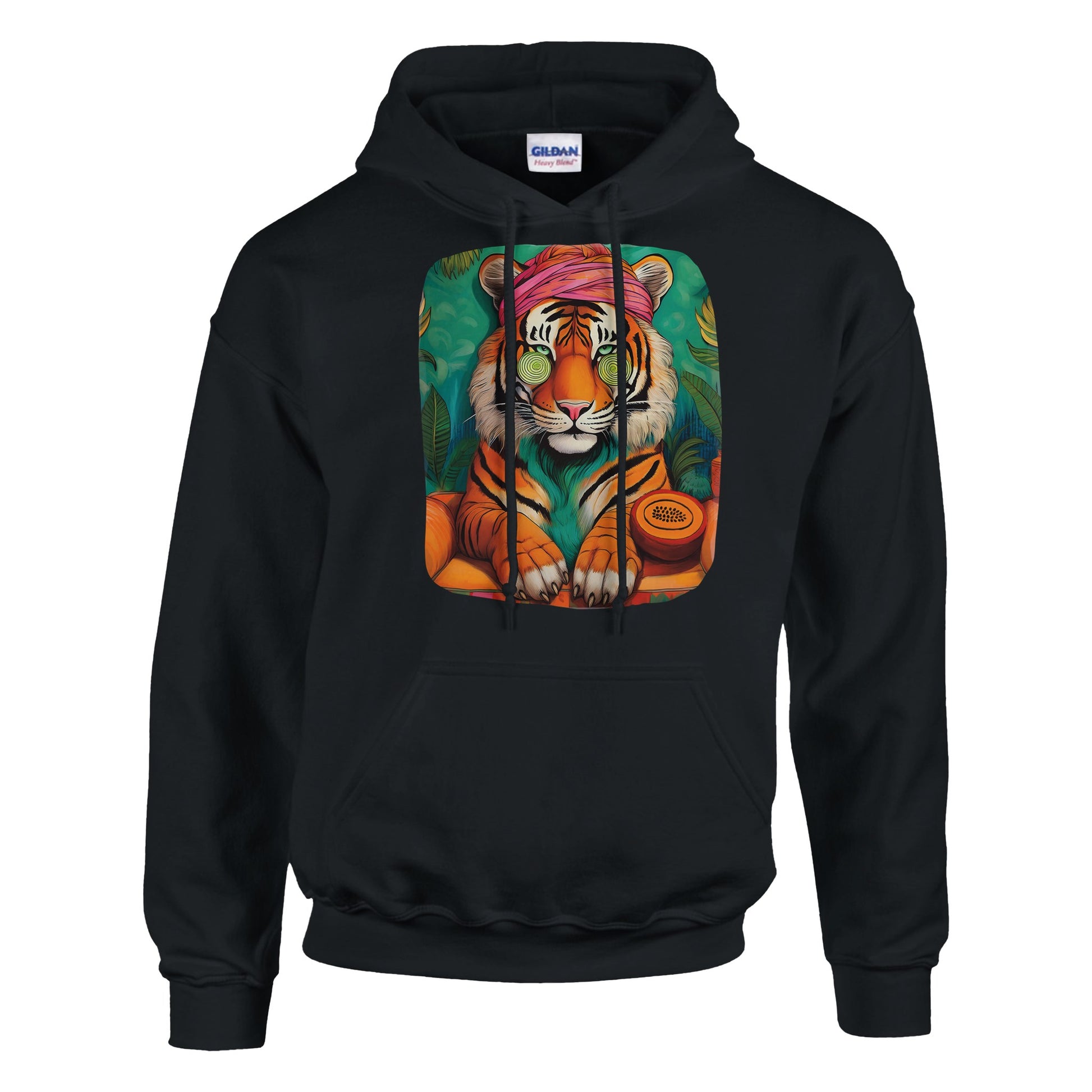 Wellness tiger hoodie with bold tiger design symbolizing strength and calmness. Unisex streetwear sweatshirt made from soft cotton-poly blend for comfort and durability. Perfect for casual outfits, sporty looks, or cozy days at home. Available in sizes S–3XL with double-lined hood, kangaroo pocket, and ribbed cuffs. A stylish and versatile hoodie for tiger lovers, fashion fans, and anyone seeking wellness vibes. Be proud. Be kind. Be wild – by Dezinbazar.