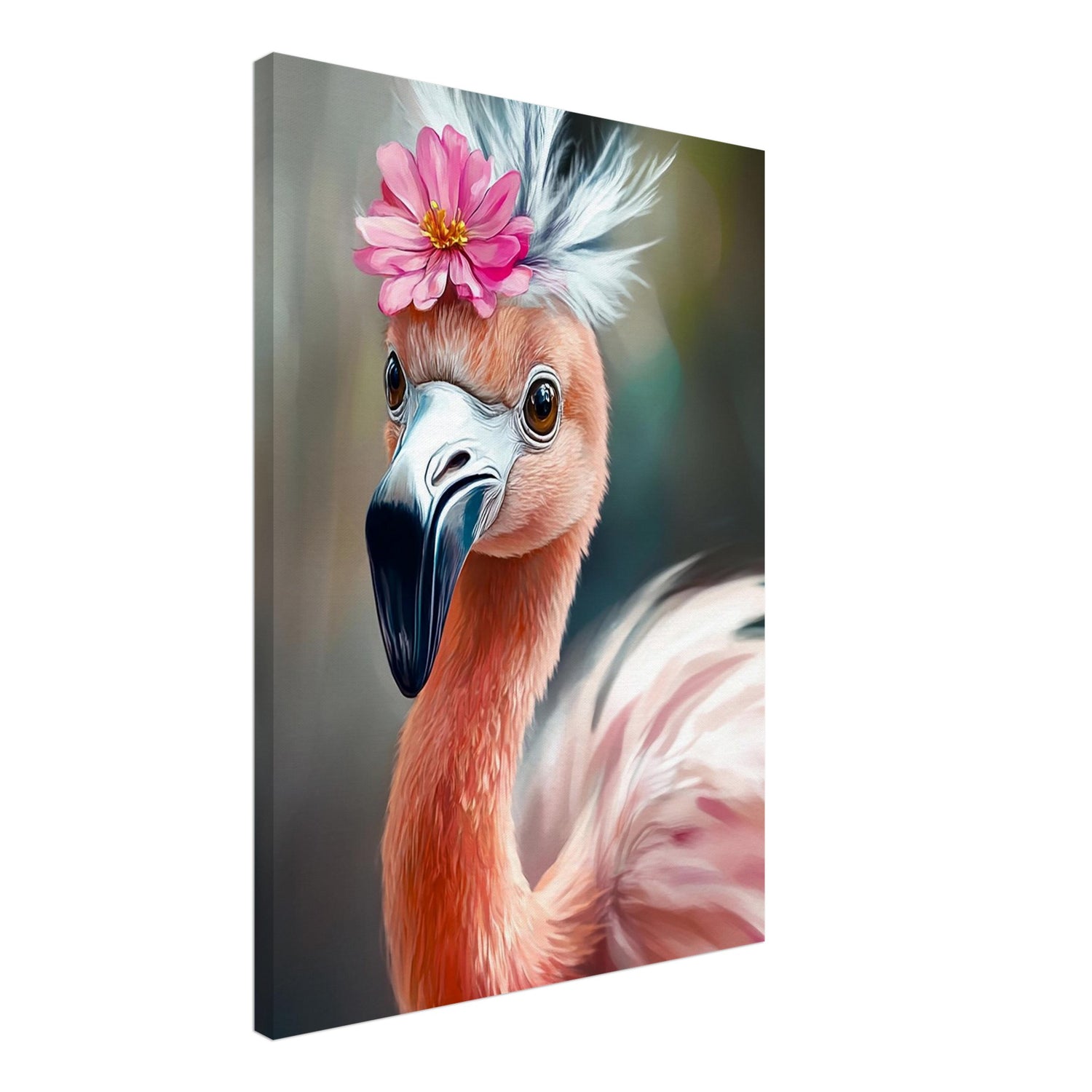 Soft pink flamingo canvas wall art for bathrooms, nurseries or coastal homes. Tropical bird in pastel tones, printed on durable cotton-polyester blend canvas. Mounted on FSC-certified wood frame with slim 2 cm depth. Available in 3 sizes – 30×40 cm, 50×70 cm, 70×100 cm. A fresh, immersive tropical touch for any space. Be proud. Be kind. Be wild – by Dezinbazar.