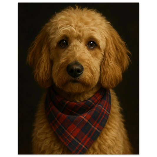 Adorable Goldendoodle poster with fluffy golden fur and sweet expression, wearing a red-blue plaid bandana. Ideal for nursery or dog-themed kids’ rooms. Printed on 200 gsm FSC-certified semi-glossy paper in sizes A4 to A0 or 30×40 to 50×70 cm. Perfect for IKEA frames like RIBBA or HOVSTA. A heartwarming gift for animal lovers or new parents. Be proud. Be kind. Be wild – by Dezinbazar.