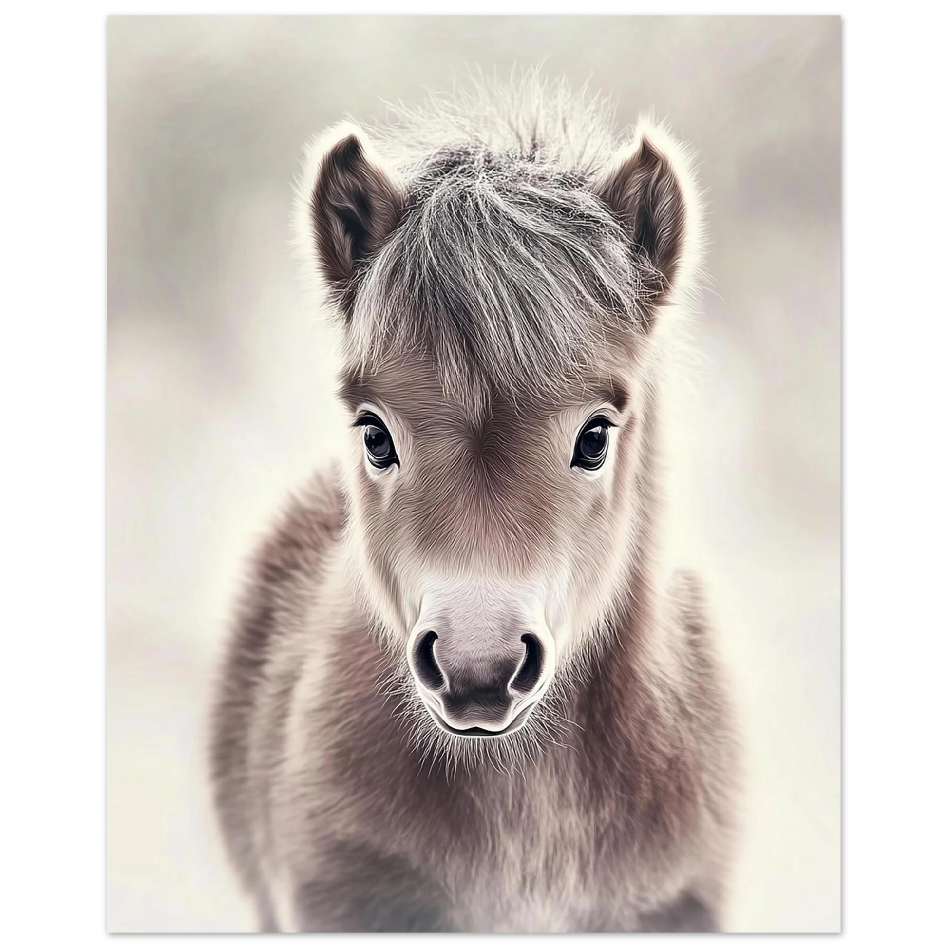 Adorable baby pony poster in soft neutral tones – perfect for nurseries, kids rooms or farm-themed interiors. Printed on 200 gsm semi-glossy FSC-certified paper. Available in DIN A4–A0 and standard sizes like 30×40 cm and 50×70 cm. Made to order and eco-friendly. Ideal gift for pony lovers and baby room decoration. Be proud. Be kind. Be wild – by Dezinbazar.