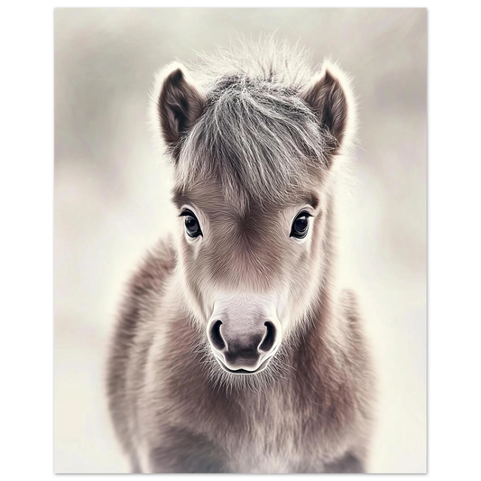 Adorable baby pony poster in soft neutral tones – perfect for nurseries, kids rooms or farm-themed interiors. Printed on 200 gsm semi-glossy FSC-certified paper. Available in DIN A4–A0 and standard sizes like 30×40 cm and 50×70 cm. Made to order and eco-friendly. Ideal gift for pony lovers and baby room decoration. Be proud. Be kind. Be wild – by Dezinbazar.