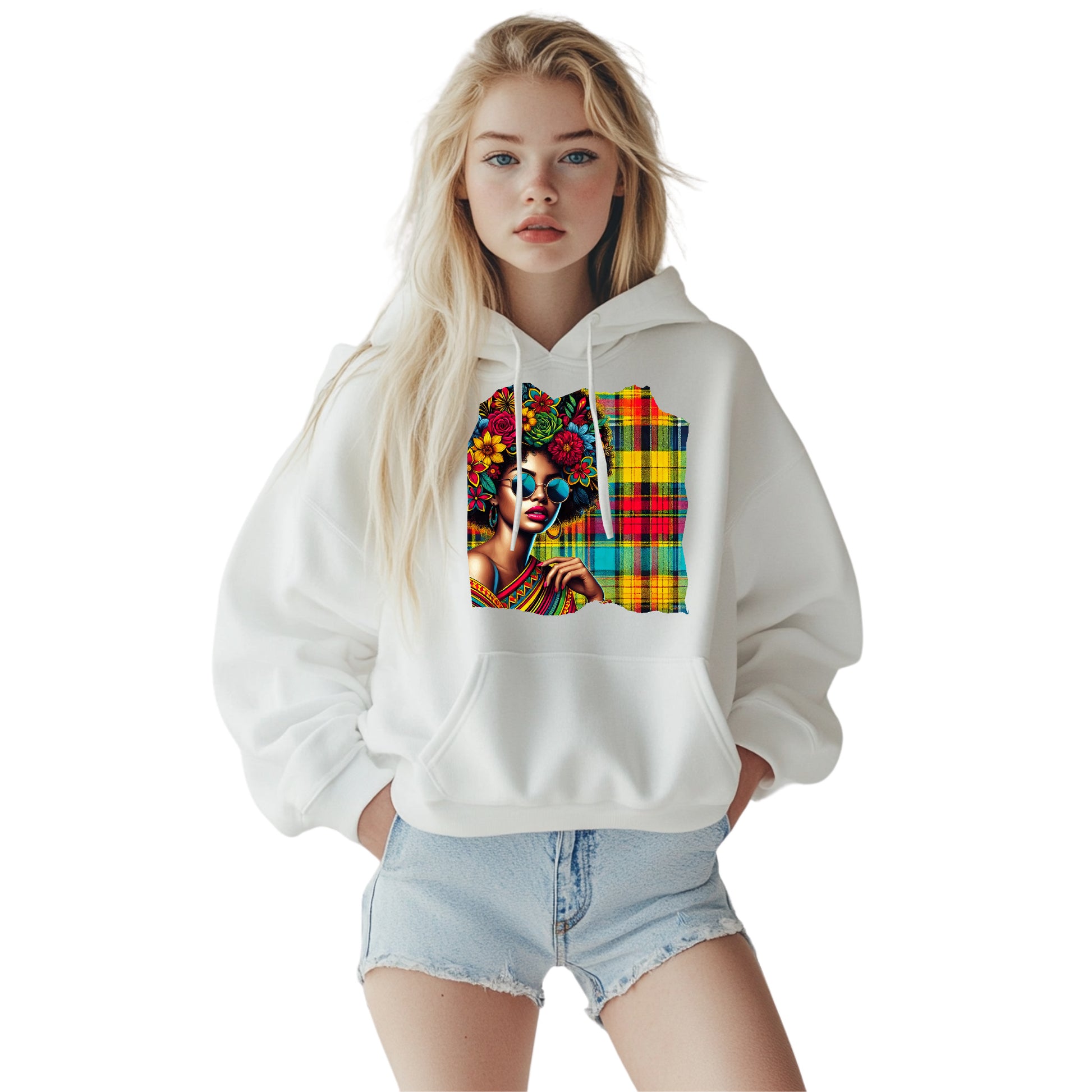 Unisex Afro hoodie featuring a bold Madras pattern and sunglasses design. Inspired by Caribbean culture from Guadeloupe. Soft cotton-poly blend with drawstring hood and front pocket. Stylish and comfortable streetwear for men and women. Perfect as a gift or statement piece. Available in sizes XS to XXL.