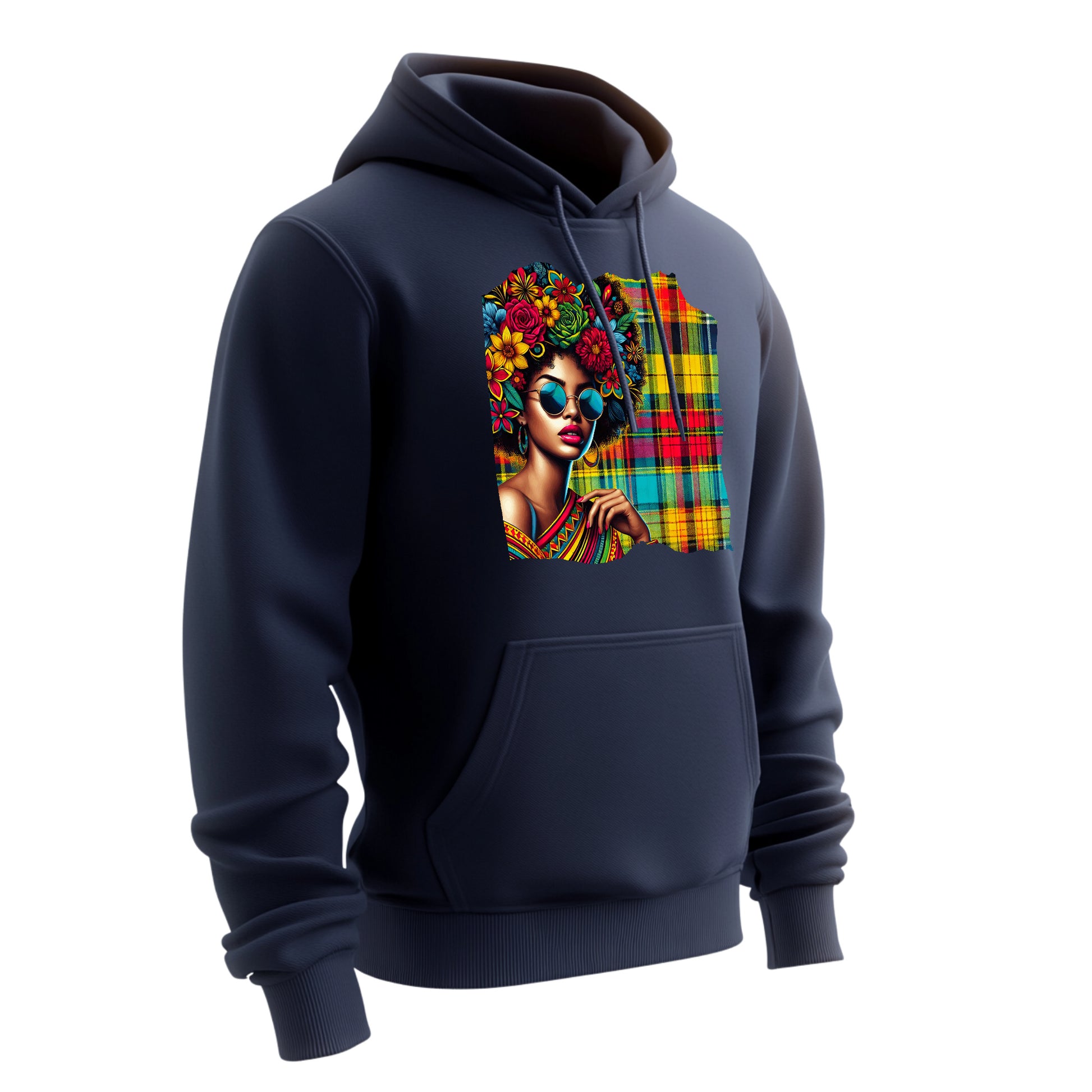 Unisex Afro hoodie featuring a bold Madras pattern and sunglasses design. Inspired by Caribbean culture from Guadeloupe. Soft cotton-poly blend with drawstring hood and front pocket. Stylish and comfortable streetwear for men and women. Perfect as a gift or statement piece. Available in sizes XS to XXL.