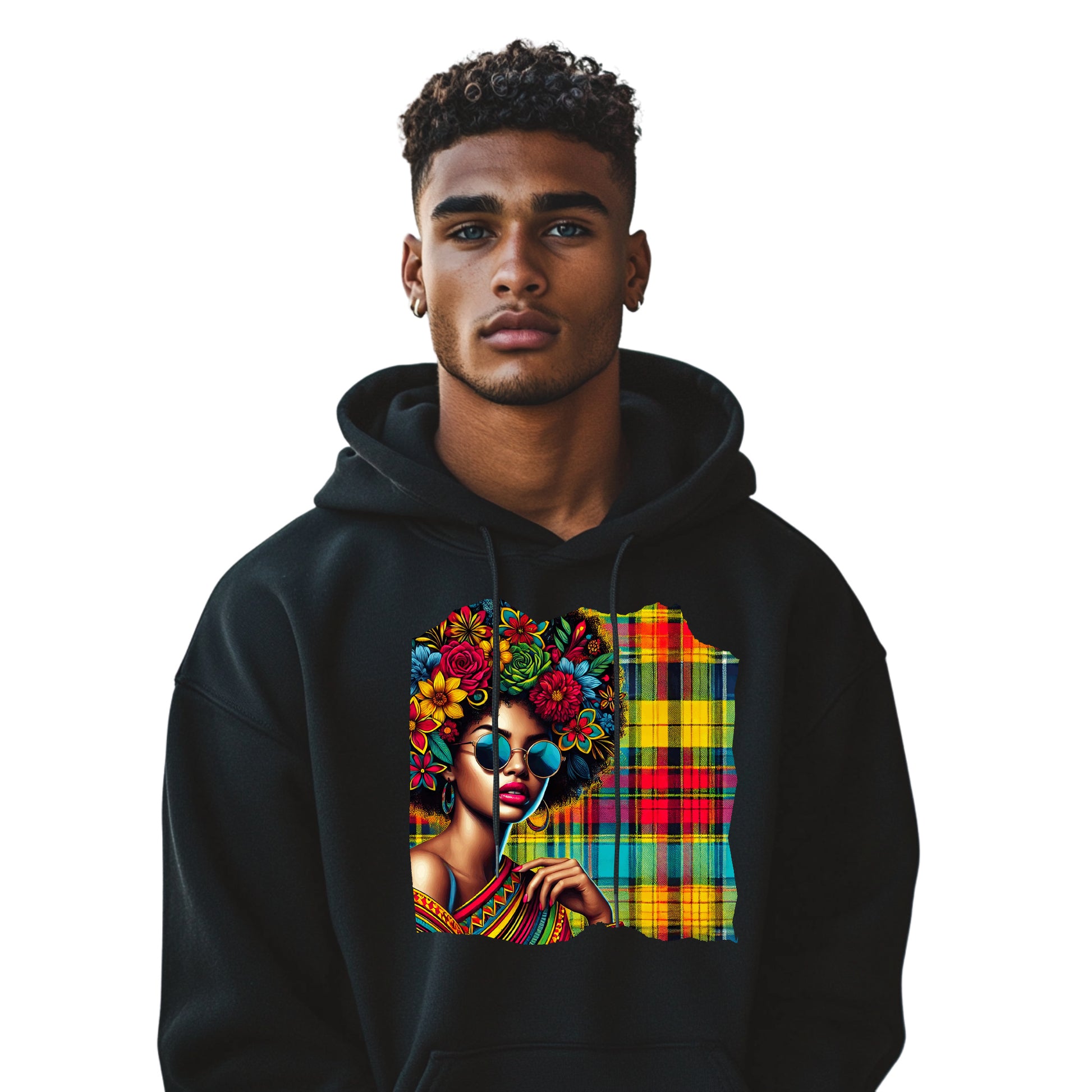 Unisex Afro hoodie featuring a bold Madras pattern and sunglasses design. Inspired by Caribbean culture from Guadeloupe. Soft cotton-poly blend with drawstring hood and front pocket. Stylish and comfortable streetwear for men and women. Perfect as a gift or statement piece. Available in sizes XS to XXL.