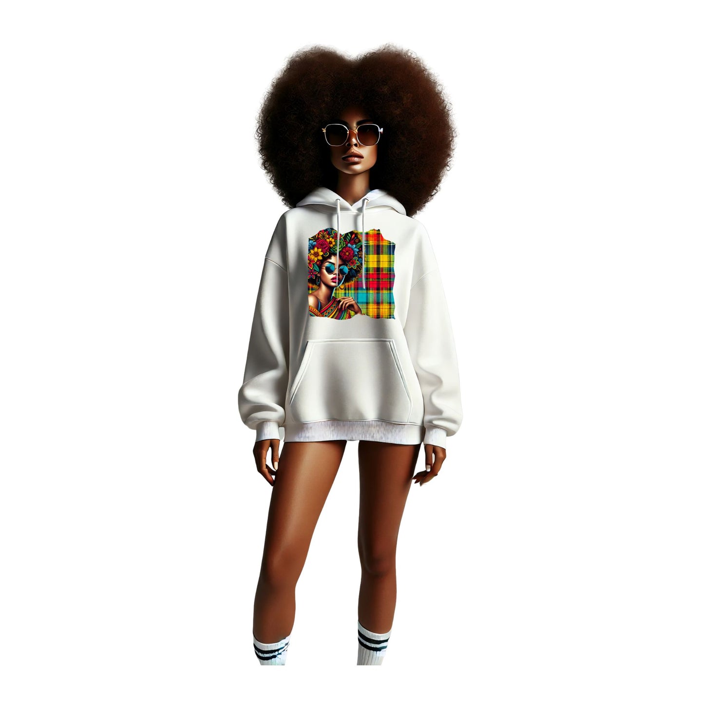 Unisex Afro hoodie featuring a bold Madras pattern and sunglasses design. Inspired by Caribbean culture from Guadeloupe. Soft cotton-poly blend with drawstring hood and front pocket. Stylish and comfortable streetwear for men and women. Perfect as a gift or statement piece. Available in sizes XS to XXL.
