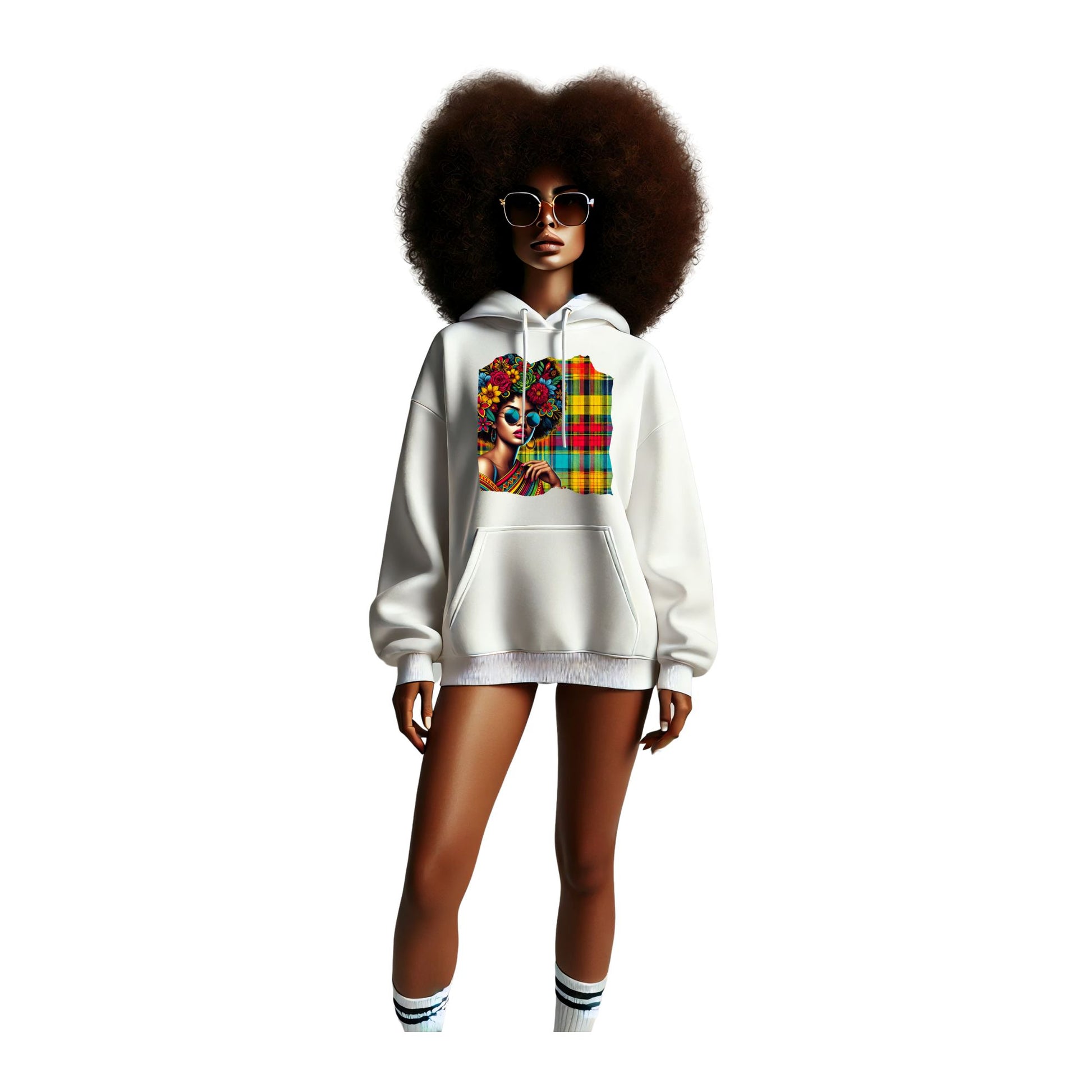 Unisex Afro hoodie featuring a bold Madras pattern and sunglasses design. Inspired by Caribbean culture from Guadeloupe. Soft cotton-poly blend with drawstring hood and front pocket. Stylish and comfortable streetwear for men and women. Perfect as a gift or statement piece. Available in sizes XS to XXL.