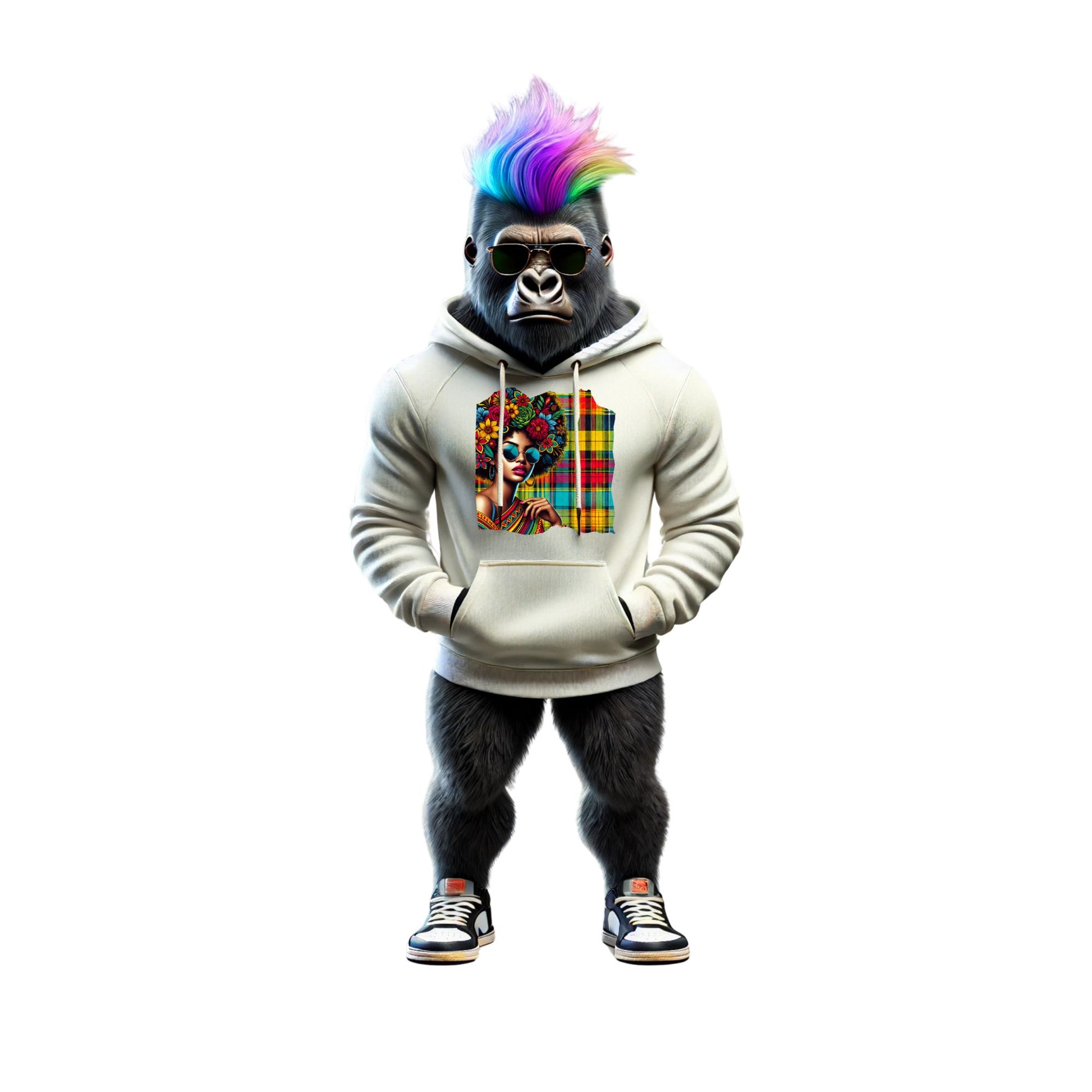 Unisex Afro hoodie featuring a bold Madras pattern and sunglasses design. Inspired by Caribbean culture from Guadeloupe. Soft cotton-poly blend with drawstring hood and front pocket. Stylish and comfortable streetwear for men and women. Perfect as a gift or statement piece. Available in sizes XS to XXL.