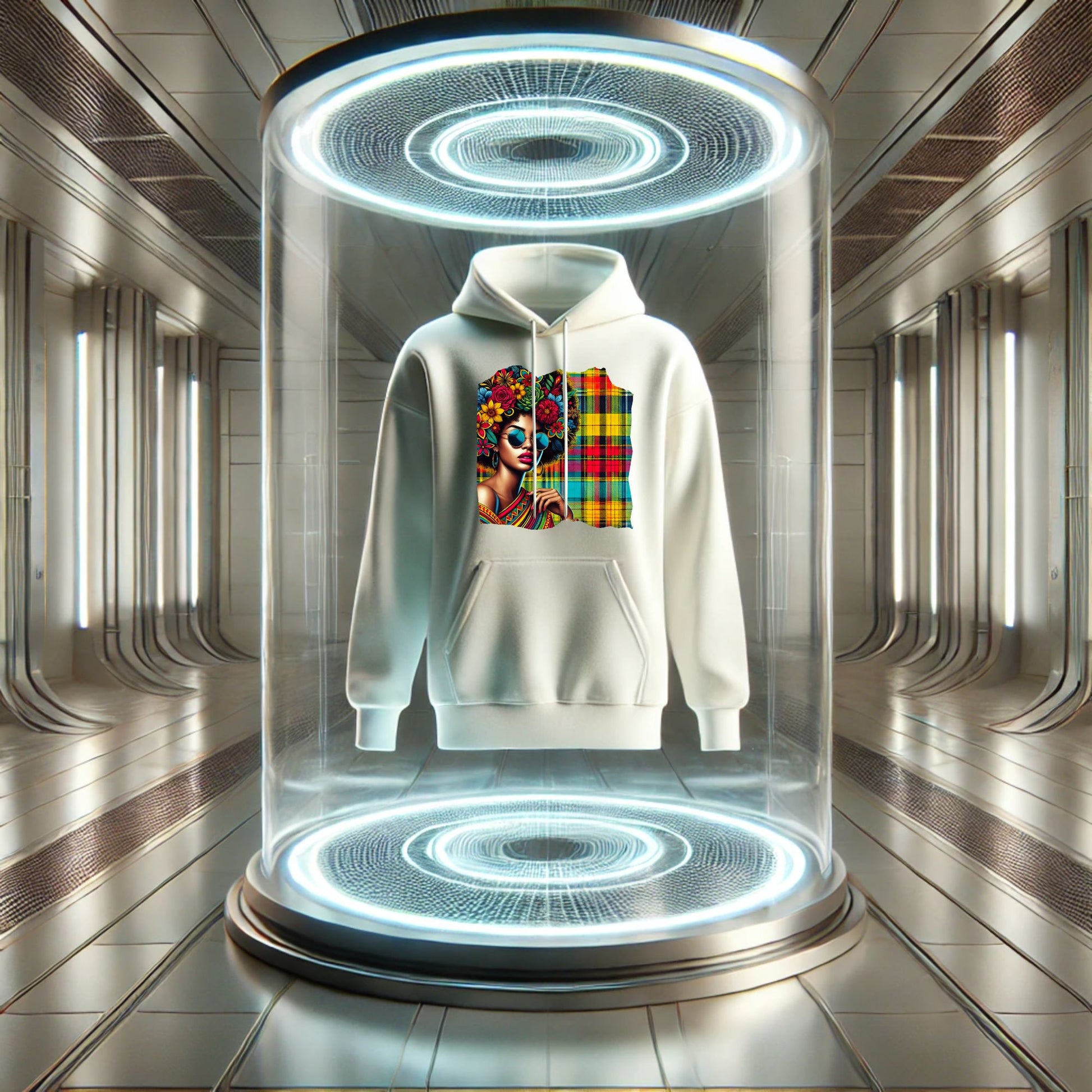Unisex Afro hoodie featuring a bold Madras pattern and sunglasses design. Inspired by Caribbean culture from Guadeloupe. Soft cotton-poly blend with drawstring hood and front pocket. Stylish and comfortable streetwear for men and women. Perfect as a gift or statement piece. Available in sizes XS to XXL.