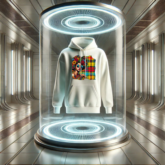 Unisex Afro hoodie featuring a bold Madras pattern and sunglasses design. Inspired by Caribbean culture from Guadeloupe. Soft cotton-poly blend with drawstring hood and front pocket. Stylish and comfortable streetwear for men and women. Perfect as a gift or statement piece. Available in sizes XS to XXL.