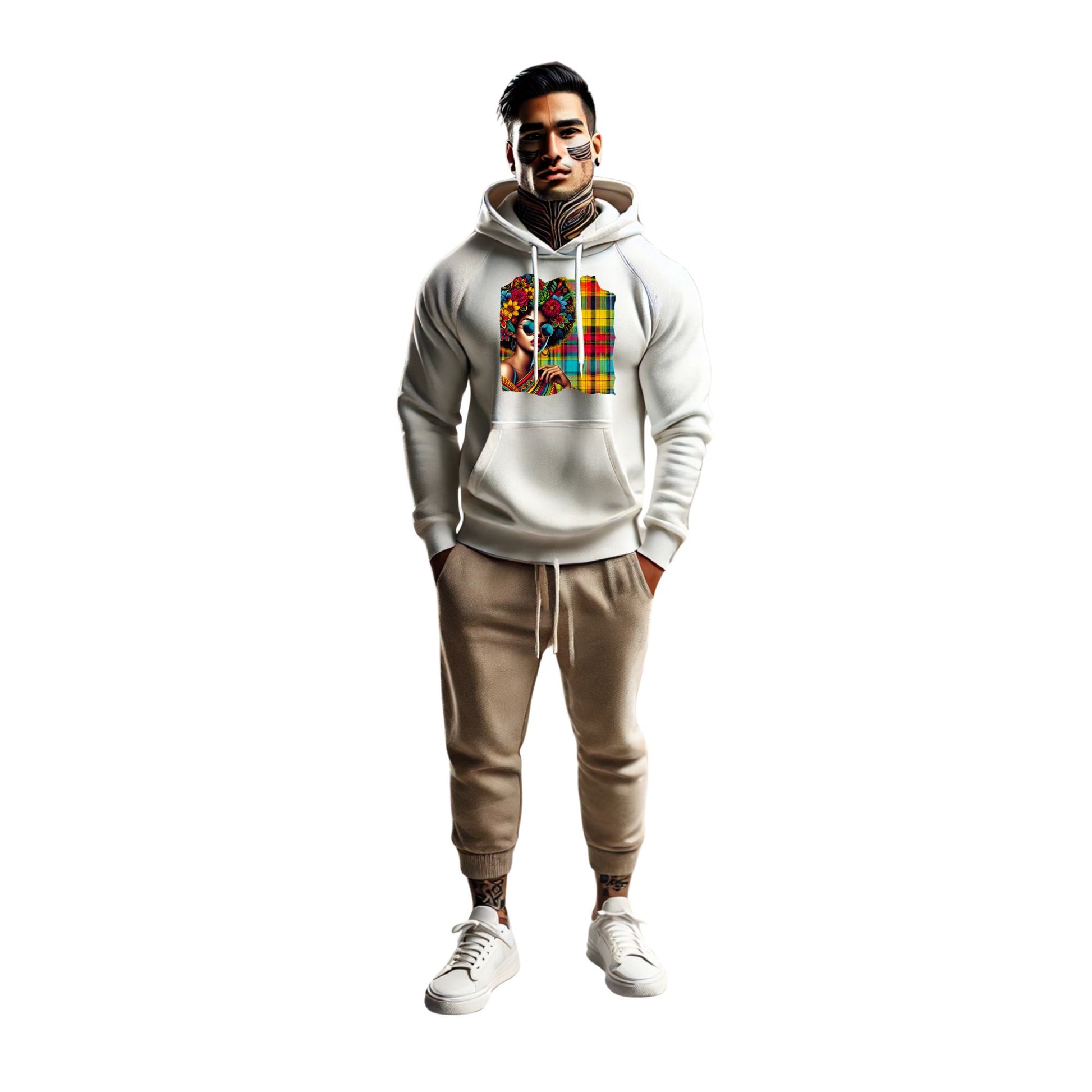 Unisex Afro hoodie featuring a bold Madras pattern and sunglasses design. Inspired by Caribbean culture from Guadeloupe. Soft cotton-poly blend with drawstring hood and front pocket. Stylish and comfortable streetwear for men and women. Perfect as a gift or statement piece. Available in sizes XS to XXL.