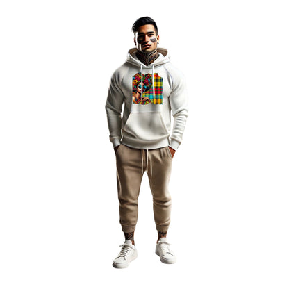 Unisex Afro hoodie featuring a bold Madras pattern and sunglasses design. Inspired by Caribbean culture from Guadeloupe. Soft cotton-poly blend with drawstring hood and front pocket. Stylish and comfortable streetwear for men and women. Perfect as a gift or statement piece. Available in sizes XS to XXL.