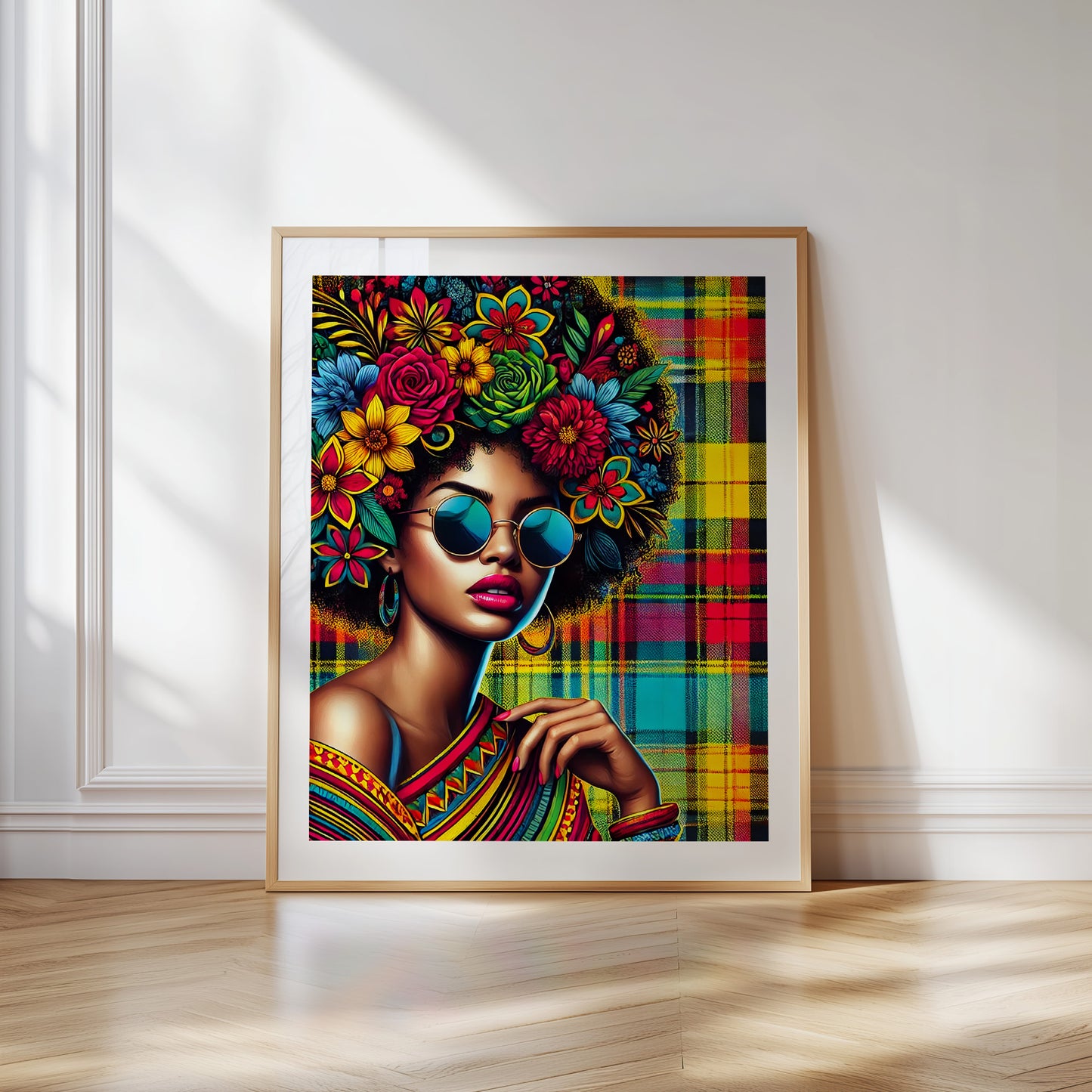 Powerful digital artwork of a Black woman with a floral Afro hairstyle, sunglasses and a bold Madras patterned background. Caribbean-inspired portrait with vibrant colors, symbolizing pride and cultural beauty. Instant download in high resolution.