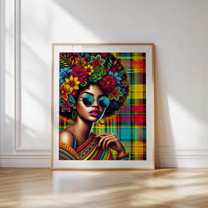 Powerful digital artwork of a Black woman with a floral Afro hairstyle, sunglasses and a bold Madras patterned background. Caribbean-inspired portrait with vibrant colors, symbolizing pride and cultural beauty. Instant download in high resolution.