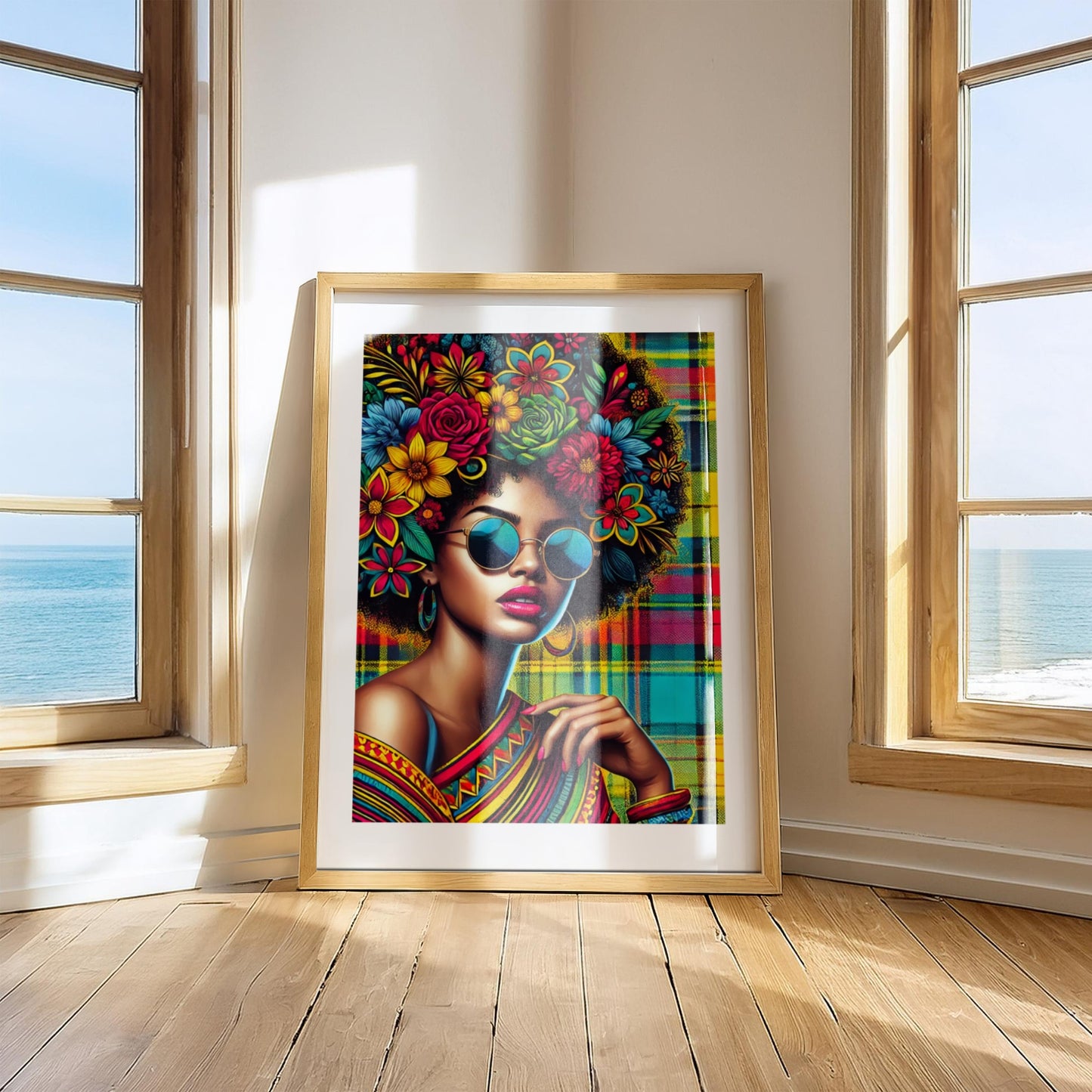 Powerful digital artwork of a Black woman with a floral Afro hairstyle, sunglasses and a bold Madras patterned background. Caribbean-inspired portrait with vibrant colors, symbolizing pride and cultural beauty. Instant download in high resolution.