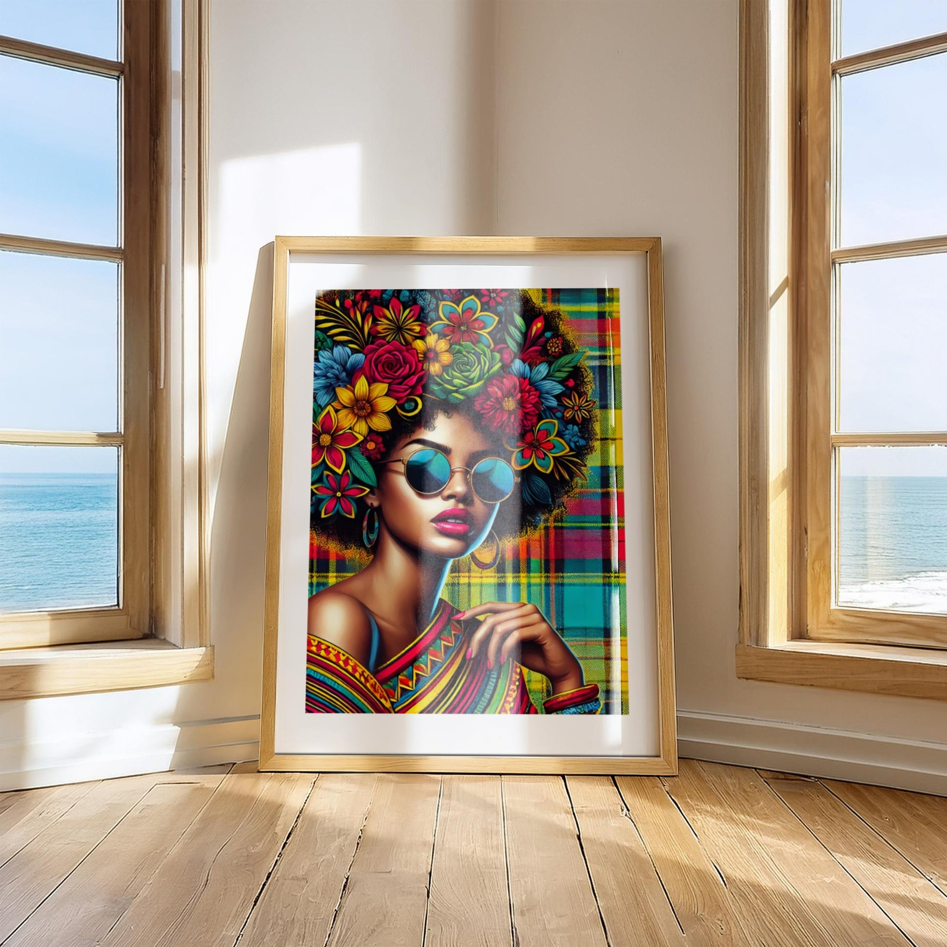 Powerful digital artwork of a Black woman with a floral Afro hairstyle, sunglasses and a bold Madras patterned background. Caribbean-inspired portrait with vibrant colors, symbolizing pride and cultural beauty. Instant download in high resolution.