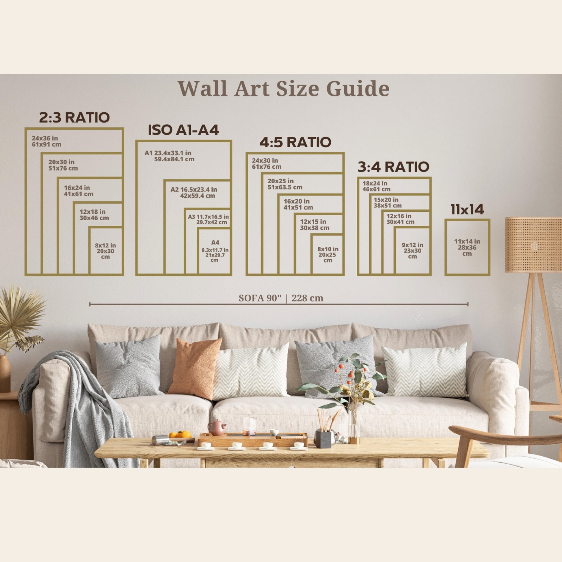 Wall art size guide showing different poster formats above a sofa. Includes common sizes like A5, A4, A3, A2, 30x40 cm, 50x70 cm, and more for easy size comparison. Helps customers visualize artwork dimensions in a real room setting. Ideal for printable art and home decor shoppers.