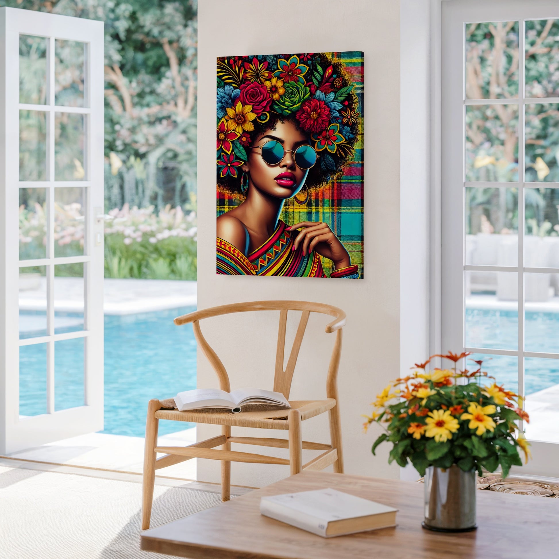 Powerful digital artwork of a Black woman with a floral Afro hairstyle, sunglasses and a bold Madras patterned background. Caribbean-inspired portrait with vibrant colors, symbolizing pride and cultural beauty. Instant download in high resolution.
