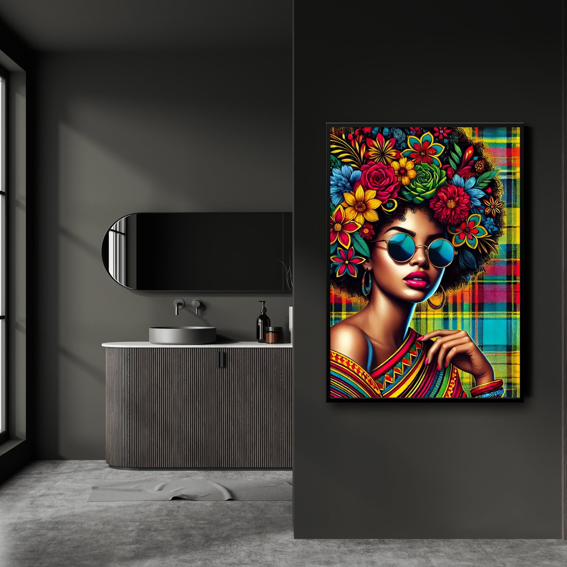 Powerful digital artwork of a Black woman with a floral Afro hairstyle, sunglasses and a bold Madras patterned background. Caribbean-inspired portrait with vibrant colors, symbolizing pride and cultural beauty. Instant download in high resolution.
