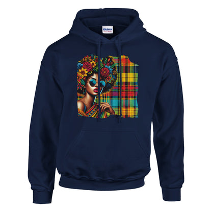 Afro hoodie with bold Madras pattern and sunglasses design. A unisex streetwear sweatshirt blending Caribbean vibes, Afro style, and cultural fashion. Made from a soft cotton-polyester blend with double-lined hood and kangaroo pocket. Available in sizes XS–XXL, designed for both men and women. Perfect for Afro lifestyle fans, cultural streetwear lovers, and anyone looking to wear Caribbean pride. Be proud. Be kind. Be wild – by Dezinbazar.