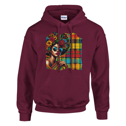 Afro hoodie with bold Madras pattern and sunglasses design. A unisex streetwear sweatshirt blending Caribbean vibes, Afro style, and cultural fashion. Made from a soft cotton-polyester blend with double-lined hood and kangaroo pocket. Available in sizes XS–XXL, designed for both men and women. Perfect for Afro lifestyle fans, cultural streetwear lovers, and anyone looking to wear Caribbean pride. Be proud. Be kind. Be wild – by Dezinbazar.