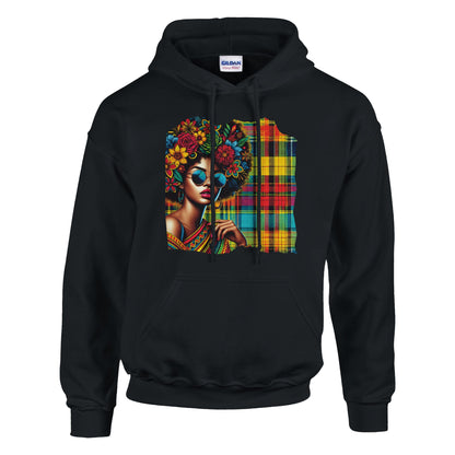Afro hoodie with bold Madras pattern and sunglasses design. A unisex streetwear sweatshirt blending Caribbean vibes, Afro style, and cultural fashion. Made from a soft cotton-polyester blend with double-lined hood and kangaroo pocket. Available in sizes XS–XXL, designed for both men and women. Perfect for Afro lifestyle fans, cultural streetwear lovers, and anyone looking to wear Caribbean pride. Be proud. Be kind. Be wild – by Dezinbazar.