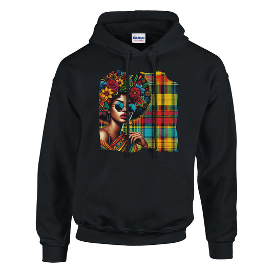 Afro hoodie with bold Madras pattern and sunglasses design. A unisex streetwear sweatshirt blending Caribbean vibes, Afro style, and cultural fashion. Made from a soft cotton-polyester blend with double-lined hood and kangaroo pocket. Available in sizes XS–XXL, designed for both men and women. Perfect for Afro lifestyle fans, cultural streetwear lovers, and anyone looking to wear Caribbean pride. Be proud. Be kind. Be wild – by Dezinbazar.