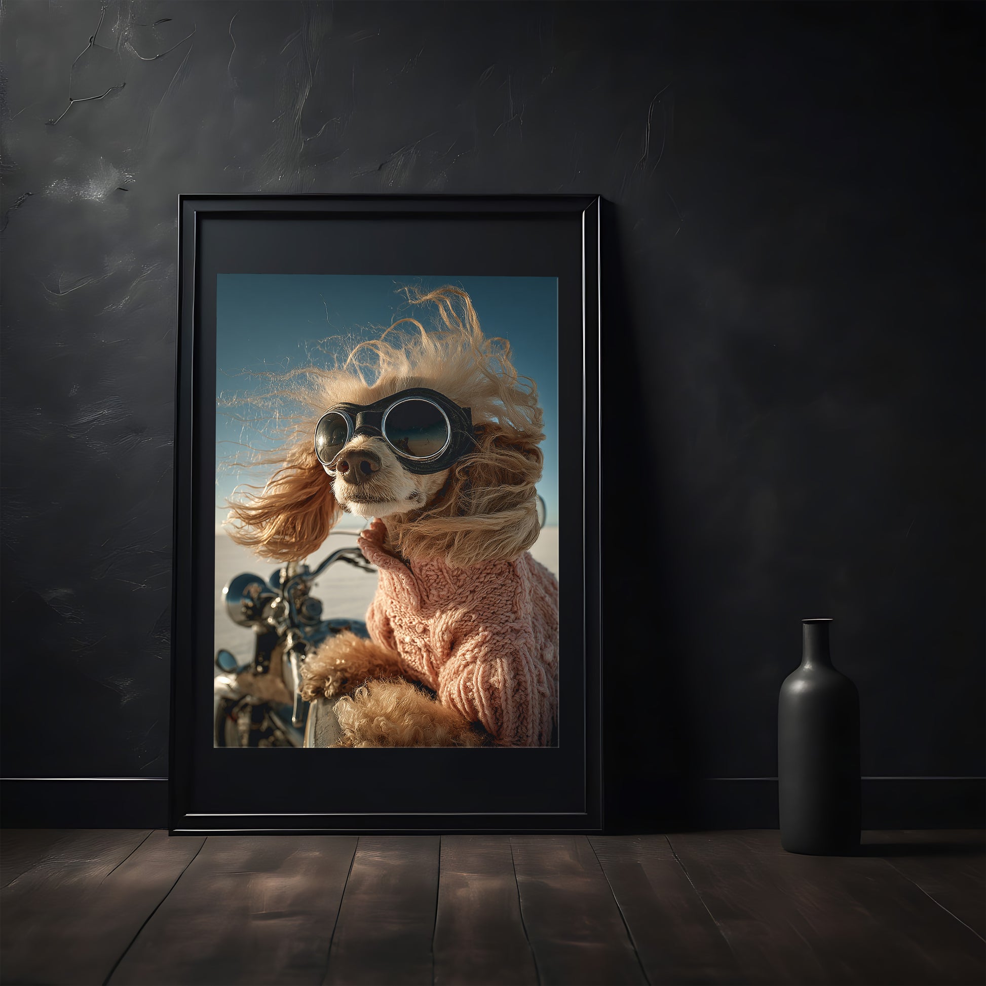 Funny apricot poodle with retro aviator goggles and pink sweater riding a motorcycle. Printed as premium wall art on FSC-certified semi-glossy paper (200 gsm), perfect for bathroom, guest toilet, or dog lovers' spaces. Available in DIN and standard poster sizes. Quirky and eye-catching decoration. Be proud. Be kind. Be wild – by Dezinbazar.