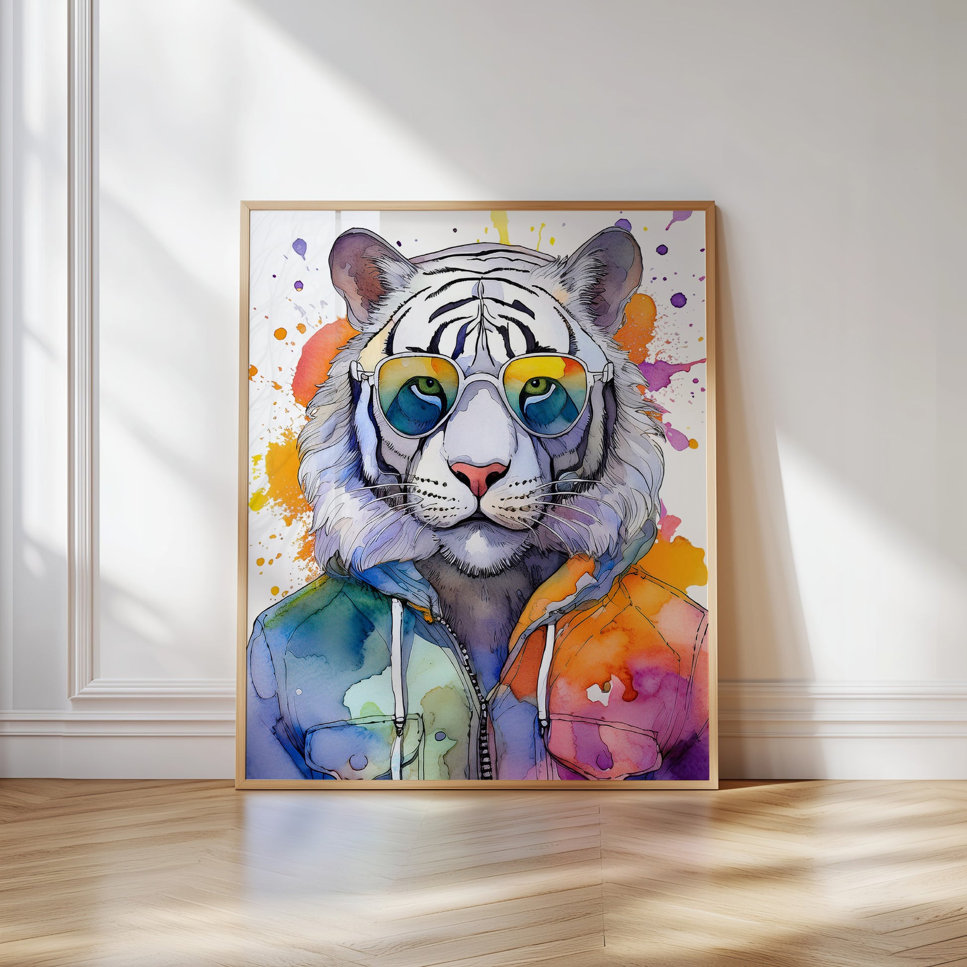 Colorful watercolor tiger illustration with rainbow splash background and stylish sunglasses. This queer-friendly animal print symbolizes strength, pride, compassion and conscious living. Designed as eco-conscious digital wall art for LGBTQ+ nurseries, kids' rooms or creative home spaces. Ideal for animal lovers, nonbinary pride, vegan lifestyle and anti-capitalist expression. High-resolution JPG for instant download. Original from Dezinbazar.