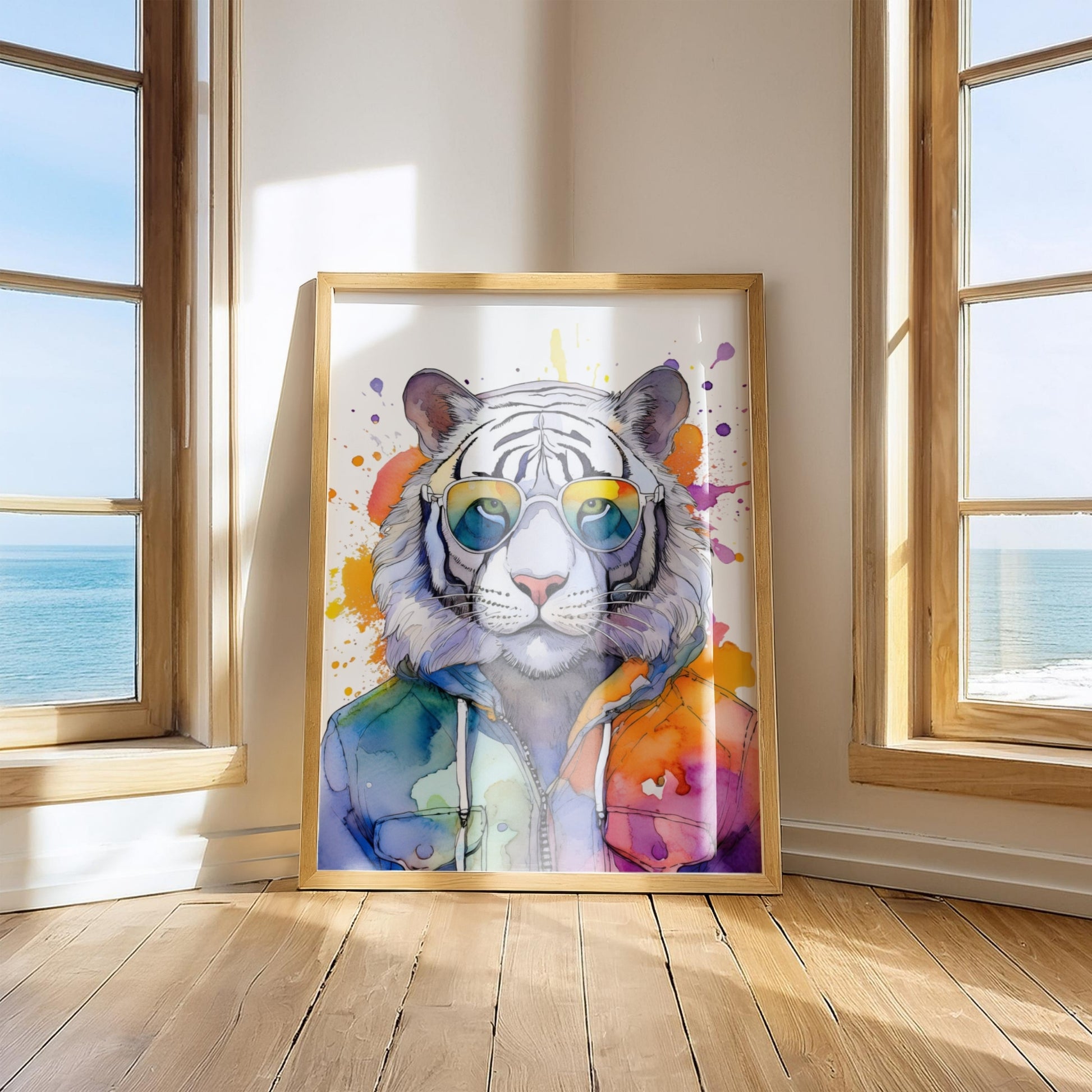 Colorful watercolor tiger illustration with rainbow splash background and stylish sunglasses. This queer-friendly animal print symbolizes strength, pride, compassion and conscious living. Designed as eco-conscious digital wall art for LGBTQ+ nurseries, kids' rooms or creative home spaces. Ideal for animal lovers, nonbinary pride, vegan lifestyle and anti-capitalist expression. High-resolution JPG for instant download. Original from Dezinbazar.