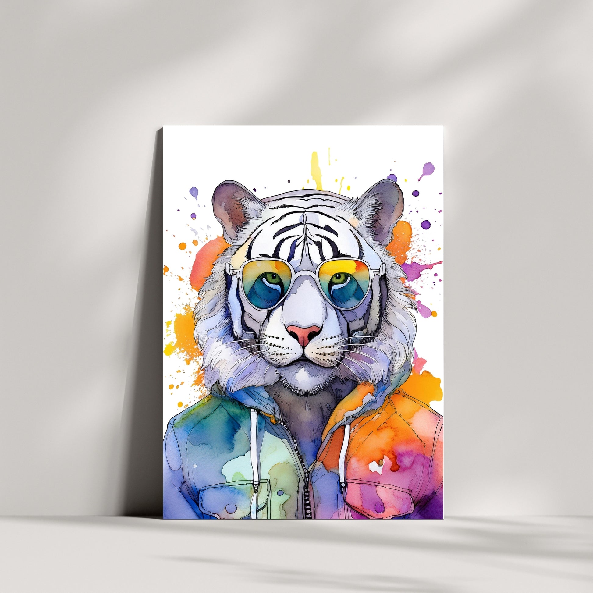 Colorful watercolor tiger illustration with rainbow splash background and stylish sunglasses. This queer-friendly animal print symbolizes strength, pride, compassion and conscious living. Designed as eco-conscious digital wall art for LGBTQ+ nurseries, kids' rooms or creative home spaces. Ideal for animal lovers, nonbinary pride, vegan lifestyle and anti-capitalist expression. High-resolution JPG for instant download. Original from Dezinbazar.