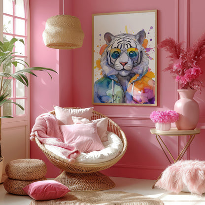 Stylisches Aquarell Tiger Poster – Tiger mit Sonnenbrille | Hochwertiger Kunstdruck für moderne Wanddeko