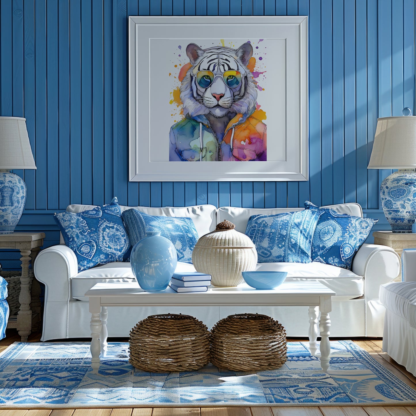 Stylisches Aquarell Tiger Poster – Tiger mit Sonnenbrille | Hochwertiger Kunstdruck für moderne Wanddeko