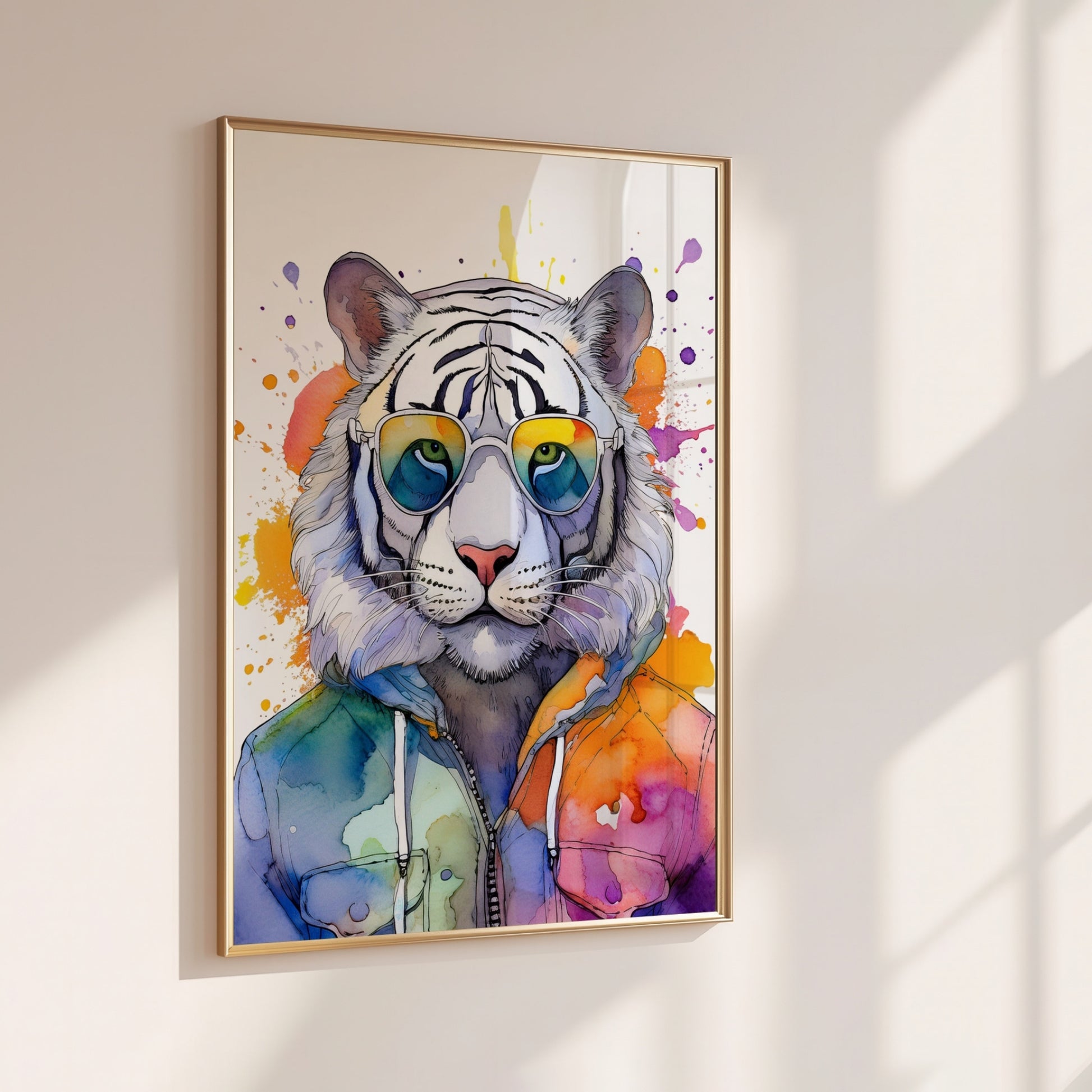 Colorful watercolor tiger illustration with rainbow splash background and stylish sunglasses. This queer-friendly animal print symbolizes strength, pride, compassion and conscious living. Designed as eco-conscious digital wall art for LGBTQ+ nurseries, kids' rooms or creative home spaces. Ideal for animal lovers, nonbinary pride, vegan lifestyle and anti-capitalist expression. High-resolution JPG for instant download. Original from Dezinbazar.