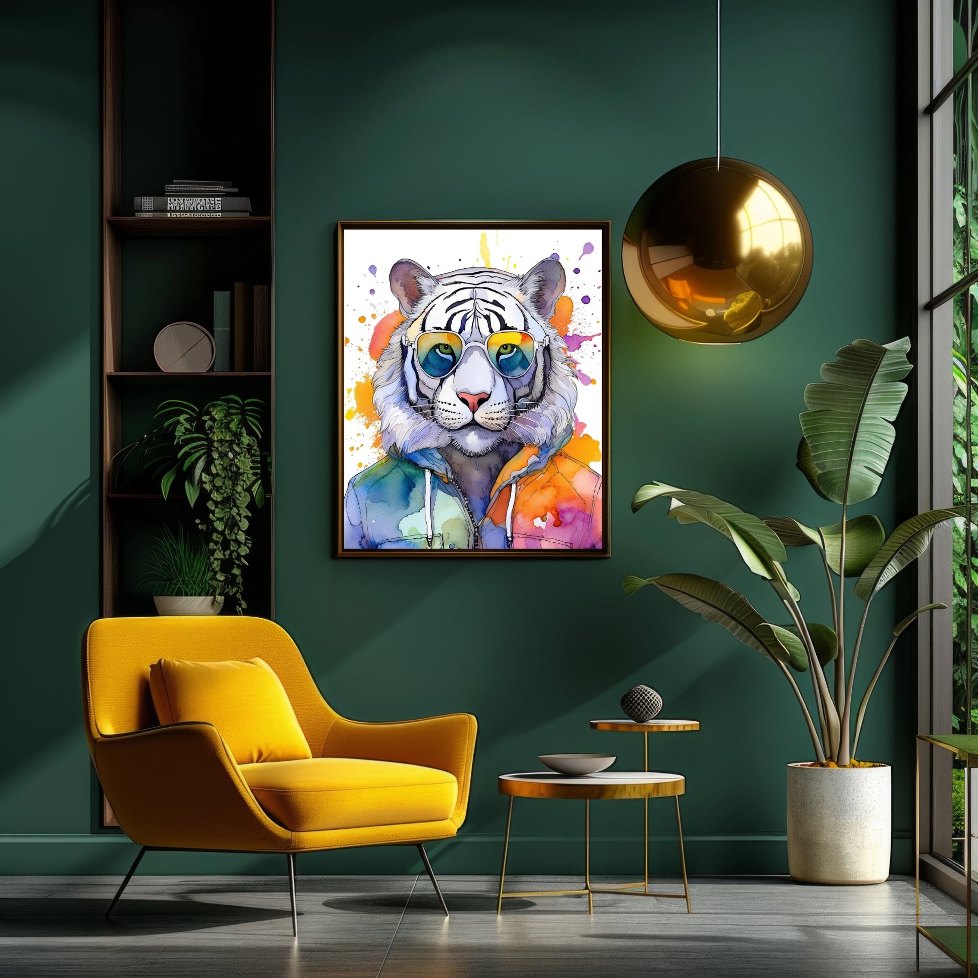 Colorful watercolor tiger illustration with rainbow splash background and stylish sunglasses. This queer-friendly animal print symbolizes strength, pride, compassion and conscious living. Designed as eco-conscious digital wall art for LGBTQ+ nurseries, kids' rooms or creative home spaces. Ideal for animal lovers, nonbinary pride, vegan lifestyle and anti-capitalist expression. High-resolution JPG for instant download. Original from Dezinbazar.