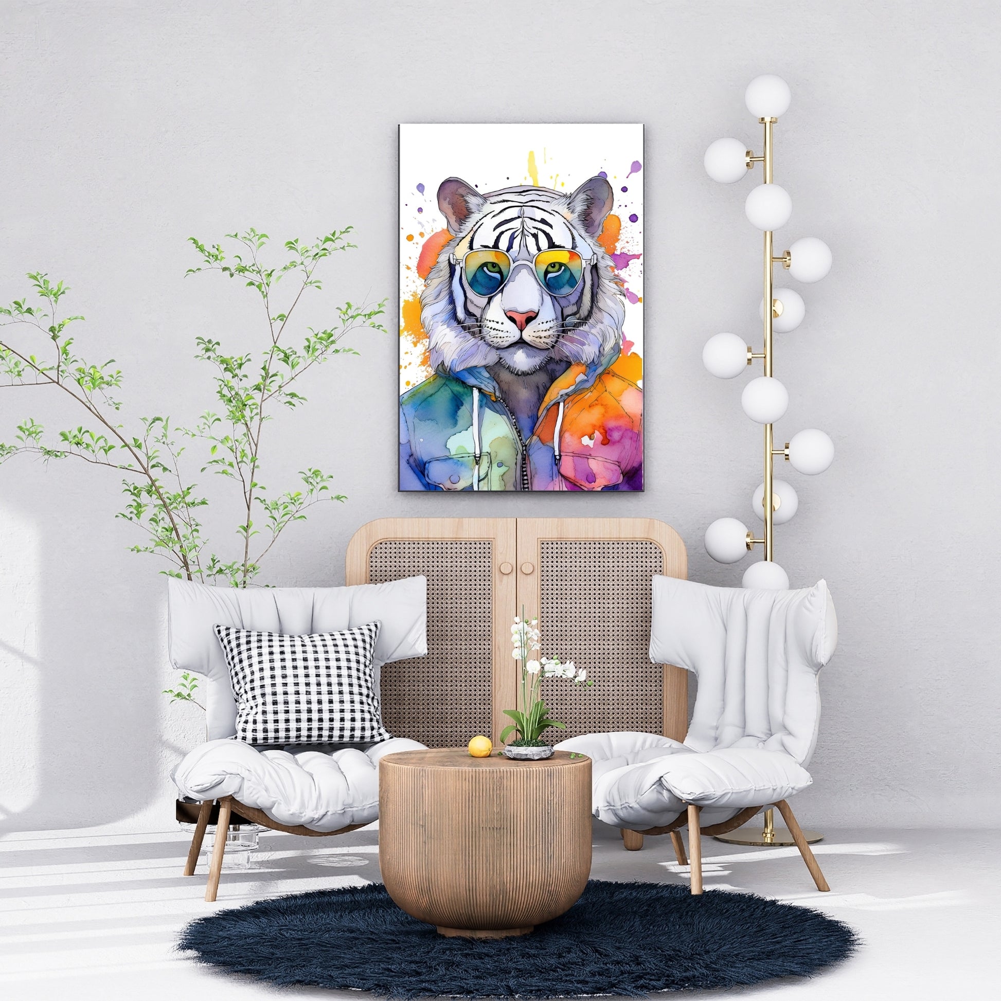 Colorful watercolor tiger illustration with rainbow splash background and stylish sunglasses. This queer-friendly animal print symbolizes strength, pride, compassion and conscious living. Designed as eco-conscious digital wall art for LGBTQ+ nurseries, kids' rooms or creative home spaces. Ideal for animal lovers, nonbinary pride, vegan lifestyle and anti-capitalist expression. High-resolution JPG for instant download. Original from Dezinbazar.