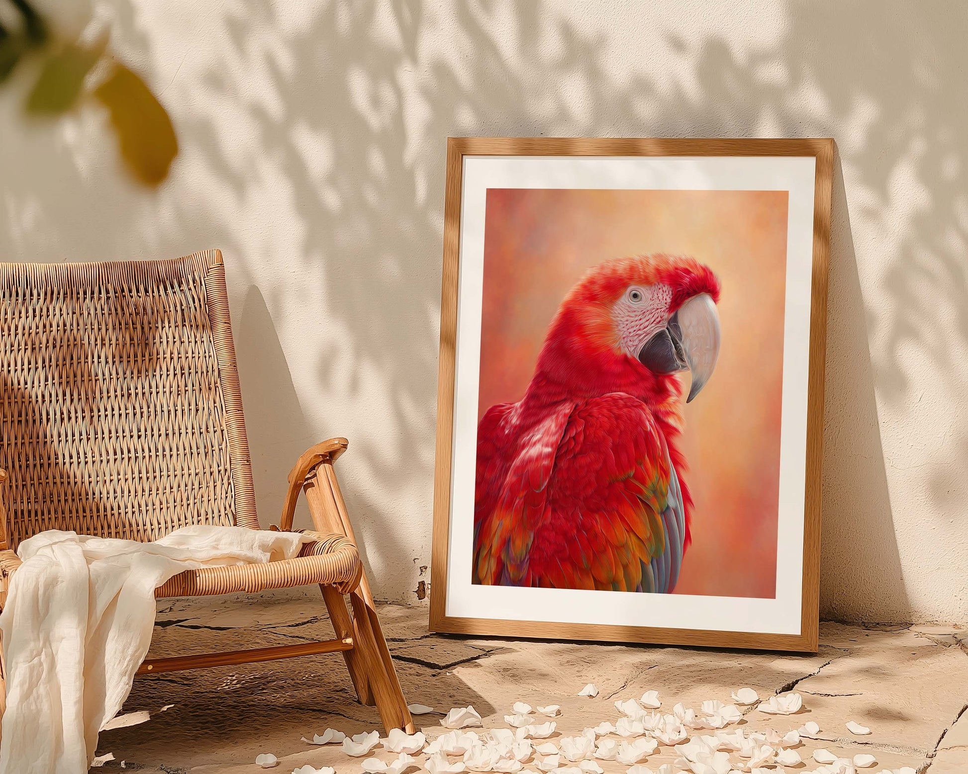 High-quality Ara parrot wall art with vibrant red feathers and a glowing warm orange background. Printed on 200 gsm semi-glossy FSC-certified paper, this tropical bird poster adds bold color to nurseries, bathrooms or beach-style interiors. Available in A4–A0 and standard sizes like 30×40 cm and 50×70 cm. A perfect gift for bird lovers and exotic art fans. Be proud. Be kind. Be wild – by Dezinbazar.