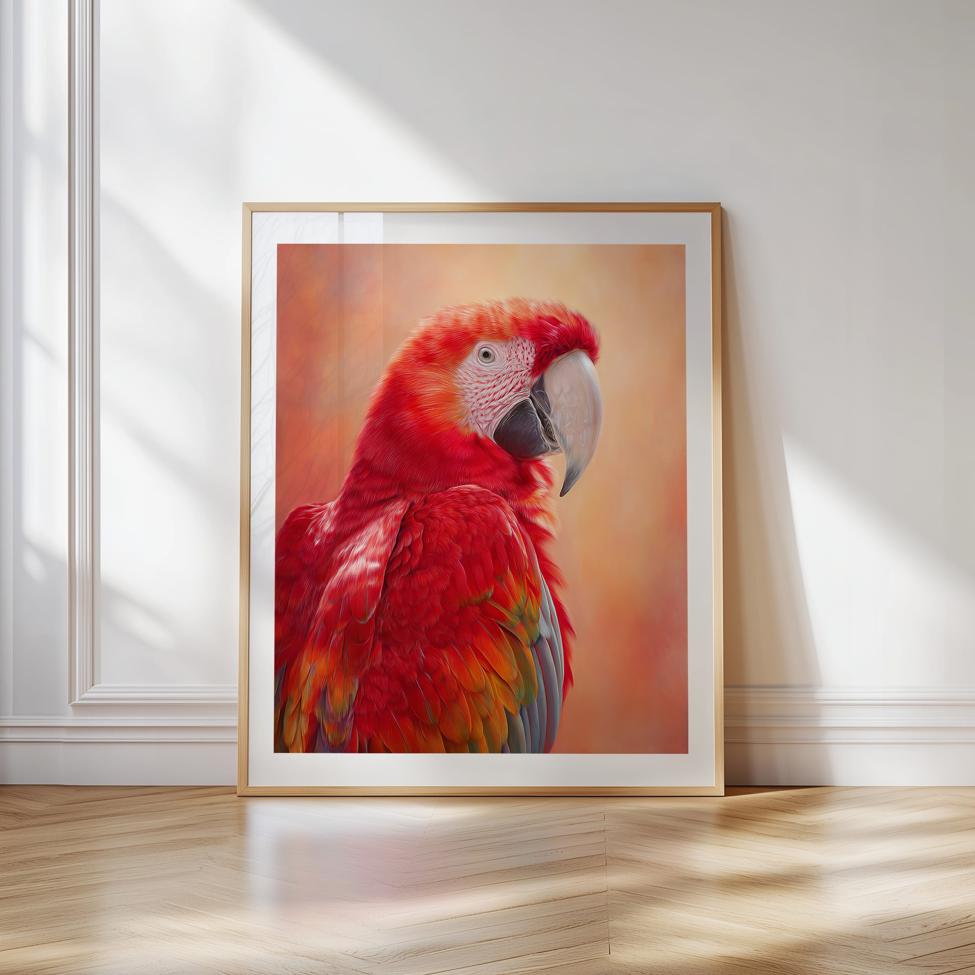 High-quality Ara parrot wall art with vibrant red feathers and a glowing warm orange background. Printed on 200 gsm semi-glossy FSC-certified paper, this tropical bird poster adds bold color to nurseries, bathrooms or beach-style interiors. Available in A4–A0 and standard sizes like 30×40 cm and 50×70 cm. A perfect gift for bird lovers and exotic art fans. Be proud. Be kind. Be wild – by Dezinbazar.