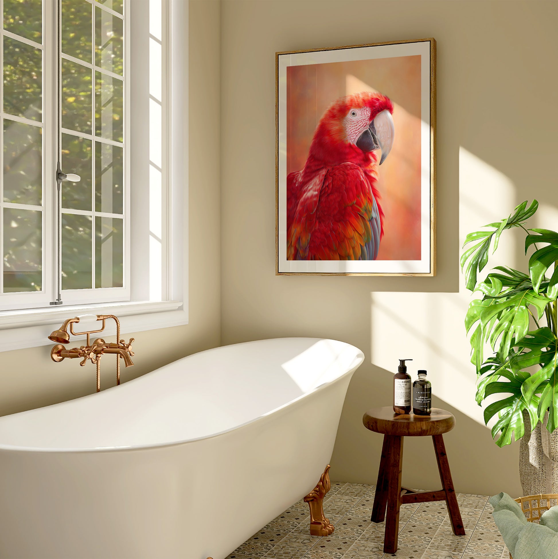 High-quality Ara parrot wall art with vibrant red feathers and a glowing warm orange background. Printed on 200 gsm semi-glossy FSC-certified paper, this tropical bird poster adds bold color to nurseries, bathrooms or beach-style interiors. Available in A4–A0 and standard sizes like 30×40 cm and 50×70 cm. A perfect gift for bird lovers and exotic art fans. Be proud. Be kind. Be wild – by Dezinbazar.