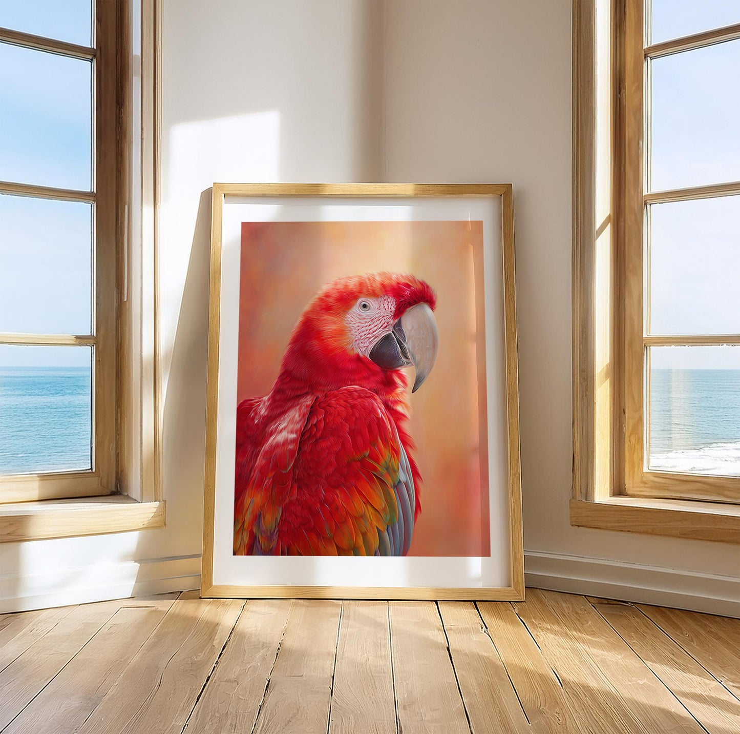 High-quality Ara parrot wall art with vibrant red feathers and a glowing warm orange background. Printed on 200 gsm semi-glossy FSC-certified paper, this tropical bird poster adds bold color to nurseries, bathrooms or beach-style interiors. Available in A4–A0 and standard sizes like 30×40 cm and 50×70 cm. A perfect gift for bird lovers and exotic art fans. Be proud. Be kind. Be wild – by Dezinbazar.