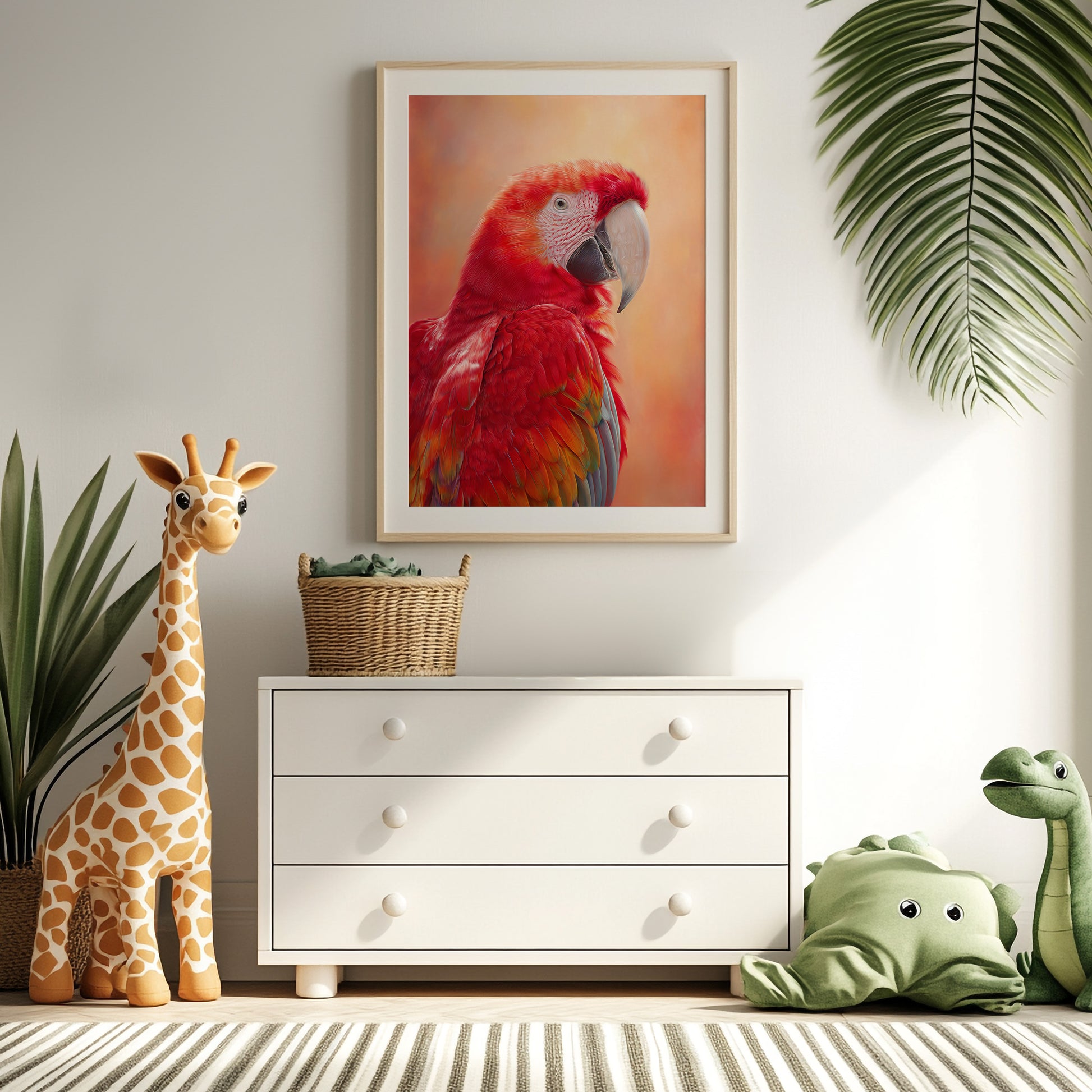 High-quality Ara parrot wall art with vibrant red feathers and a glowing warm orange background. Printed on 200 gsm semi-glossy FSC-certified paper, this tropical bird poster adds bold color to nurseries, bathrooms or beach-style interiors. Available in A4–A0 and standard sizes like 30×40 cm and 50×70 cm. A perfect gift for bird lovers and exotic art fans. Be proud. Be kind. Be wild – by Dezinbazar.
