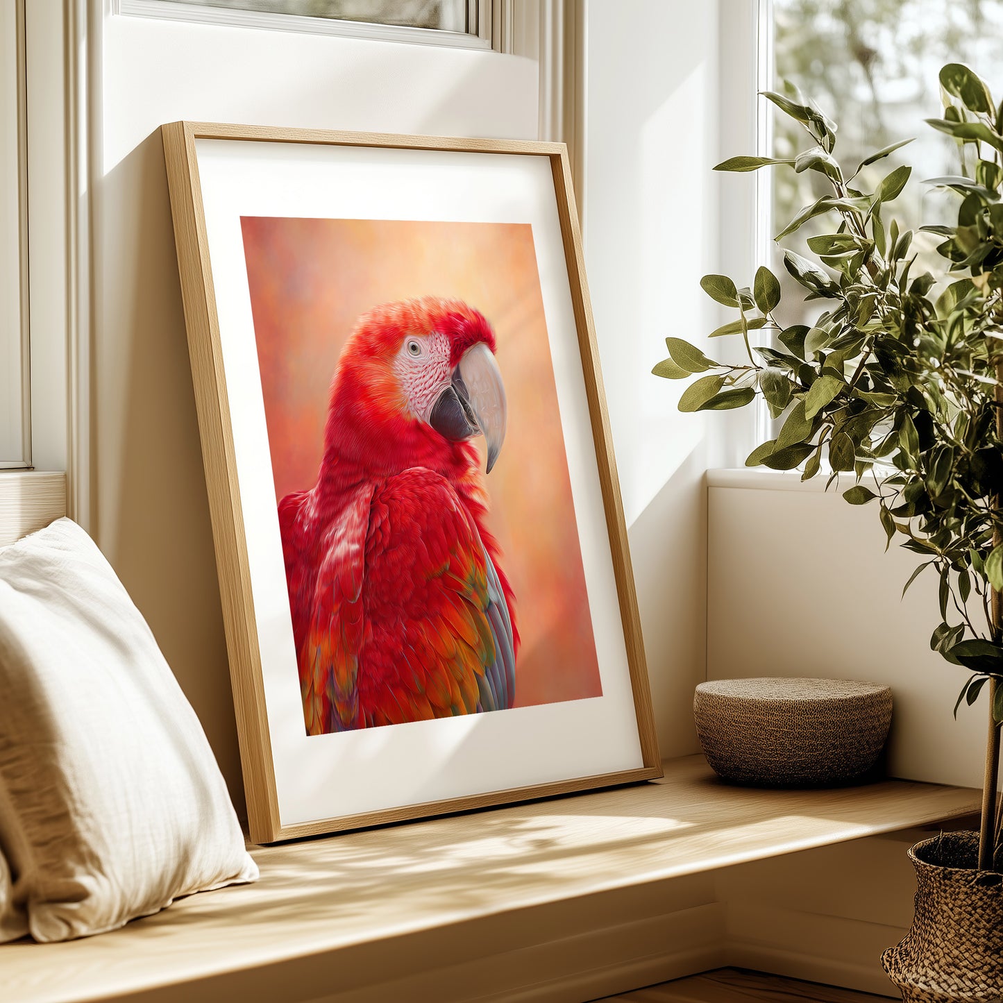High-quality Ara parrot wall art with vibrant red feathers and a glowing warm orange background. Printed on 200 gsm semi-glossy FSC-certified paper, this tropical bird poster adds bold color to nurseries, bathrooms or beach-style interiors. Available in A4–A0 and standard sizes like 30×40 cm and 50×70 cm. A perfect gift for bird lovers and exotic art fans. Be proud. Be kind. Be wild – by Dezinbazar.