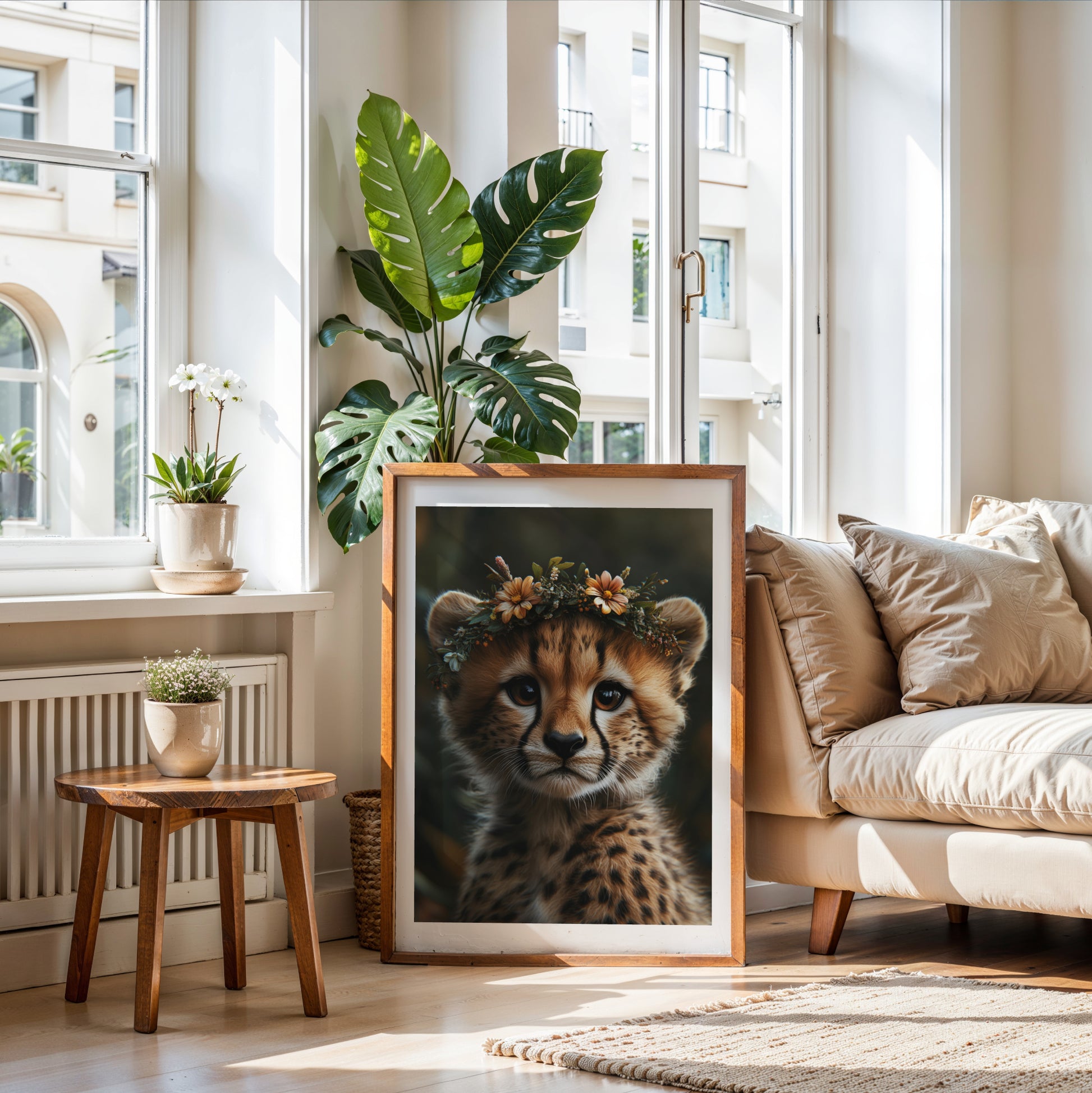 Adorable baby cheetah printable wall art with orange and white flower crown – perfect for safari nursery themes, kids’ rooms, or animal lovers. Includes high-resolution JPG files in multiple sizes. A sweet and unique Dezinbazar illustration that brings wild beauty and gentle charm into your space.