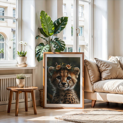 Adorable baby cheetah printable wall art with orange and white flower crown – perfect for safari nursery themes, kids’ rooms, or animal lovers. Includes high-resolution JPG files in multiple sizes. A sweet and unique Dezinbazar illustration that brings wild beauty and gentle charm into your space.