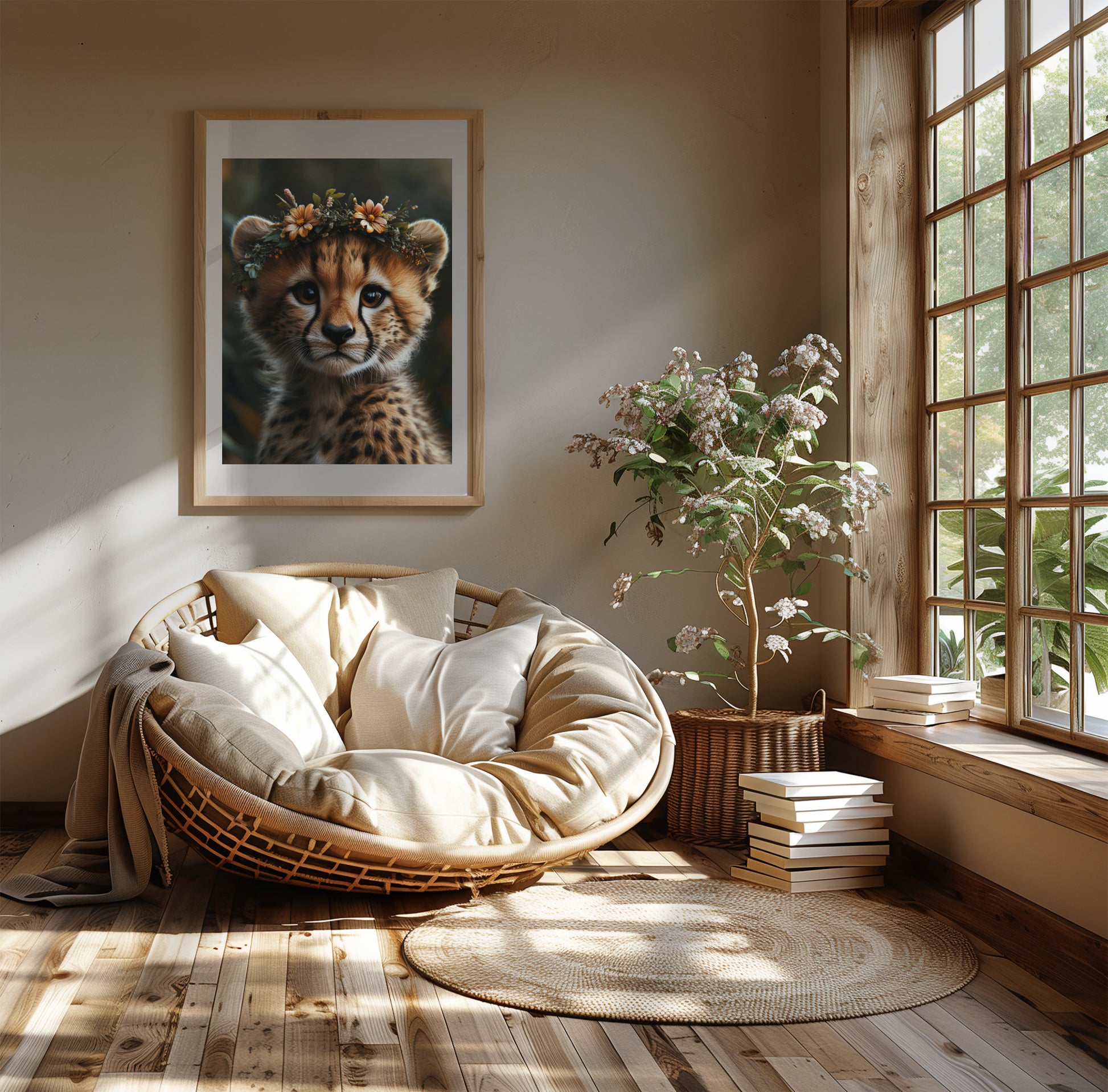 Adorable baby cheetah printable wall art with orange and white flower crown – perfect for safari nursery themes, kids’ rooms, or animal lovers. Includes high-resolution JPG files in multiple sizes. A sweet and unique Dezinbazar illustration that brings wild beauty and gentle charm into your space.