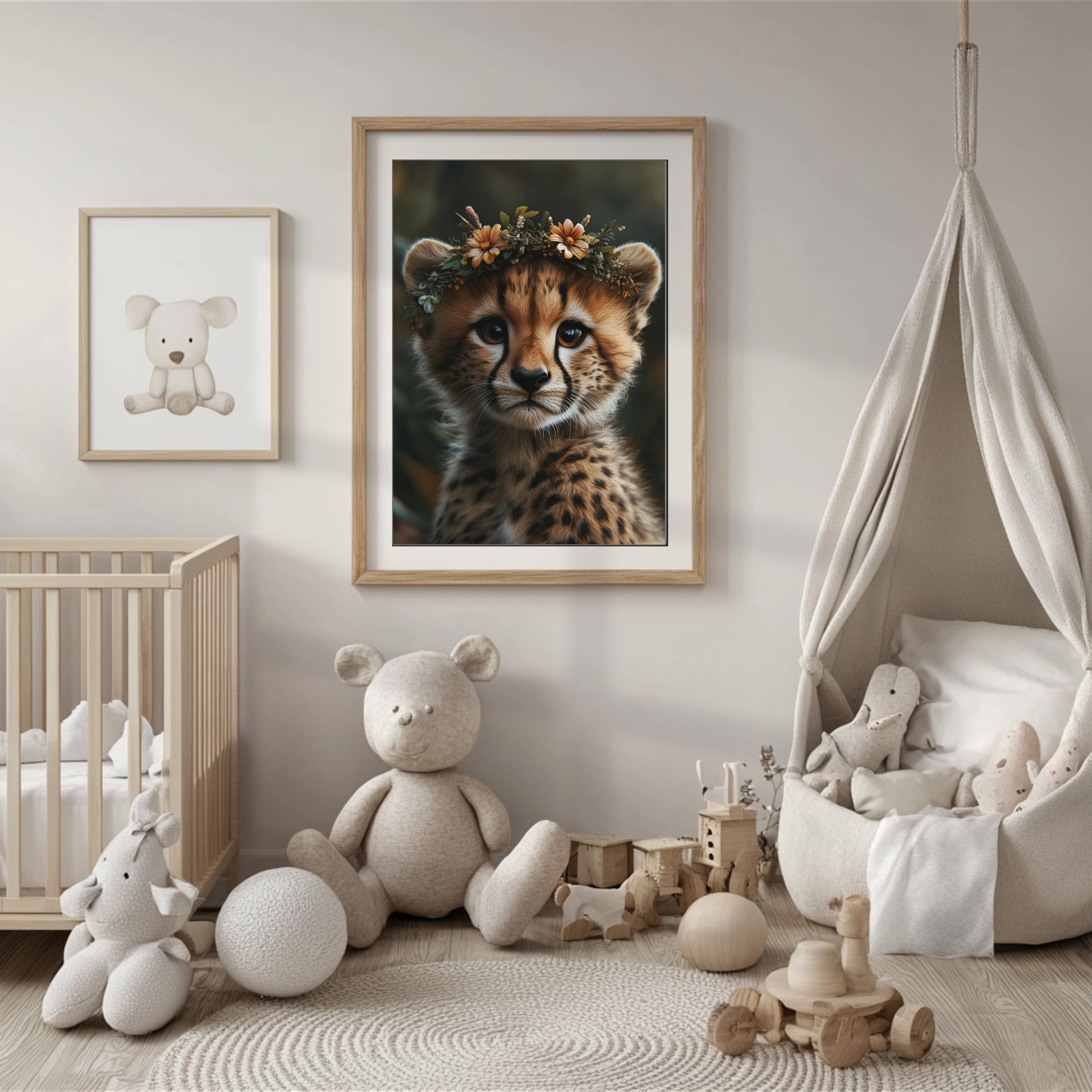 Adorable baby cheetah printable wall art with orange and white flower crown – perfect for safari nursery themes, kids’ rooms, or animal lovers. Includes high-resolution JPG files in multiple sizes. A sweet and unique Dezinbazar illustration that brings wild beauty and gentle charm into your space.